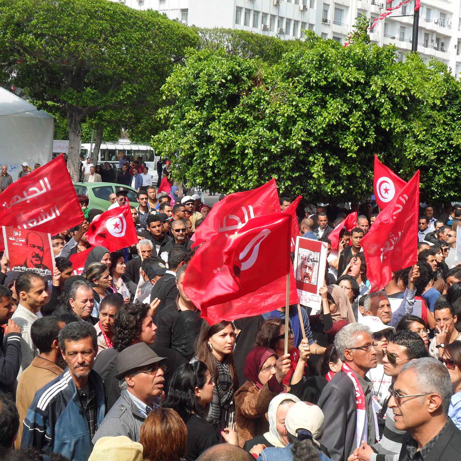 L'image montre une foule rassemblée dans une rue, lors d'une manifestation. Les participants tiennent des drapeaux rouges, probablement portant des symboles ou des slogans liés à la Tunisie. Il y a une grande variété de personnes dans la foule, de différents âges et expressions. L'ambiance semble énergique, avec des signes d'engagement et de participation active. En arrière-plan, on peut voir des bâtiments et des arbres, ce qui indique que l'événement se déroule dans un endroit urbain.