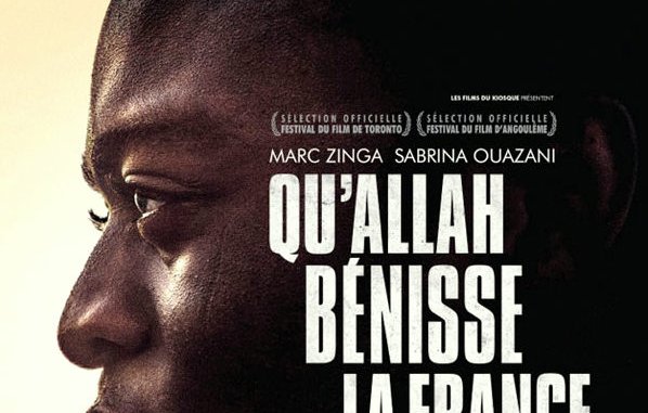 L'image présente l'affiche d'un film intitulé "Qu'Allah bénisse la France". On peut y voir un profil de visage d'une personne, qui semble pensif. Le film est réalisé par Abd Al Malik et met en vedette Marc Zinga et Sabrina Ouazani. L'affiche indique également que le film a été sélectionné dans plusieurs festivals, dont celui de Toronto et d'Angoulême. Le ton de l'affiche est sérieux, et la typographie utilisée pour le titre se distingue clairement.
