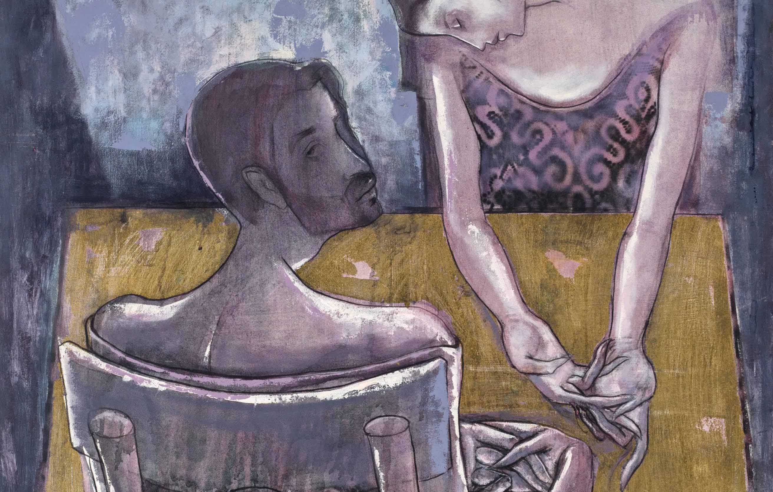 L'image présente une scène d'intérieur centrée sur deux figures humaines. Un homme est assis de dos sur une chaise, tandis qu'une femme se penche vers lui, visiblement engagée dans une interaction. L'ambiance est empreinte de couleurs sombres et de nuances de pâte, créant une atmosphère introspective. Les formes des personnages sont stylisées et expressives, mettant en avant leurs gestes et leurs postures. La table au centre, d'un jaune éclatant, contraste avec le reste des tons, attirant l'œil sur l'espace de rencontre entre les deux personnages.