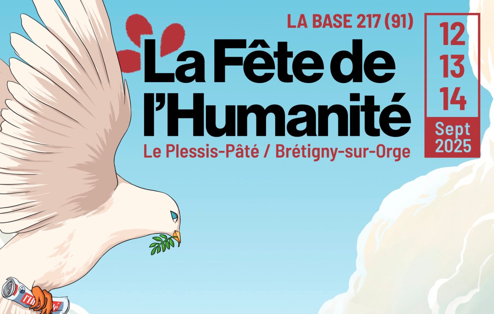 Foule colorée dans un parc, attractions, stands et un pigeon avec une branche d'olivier.