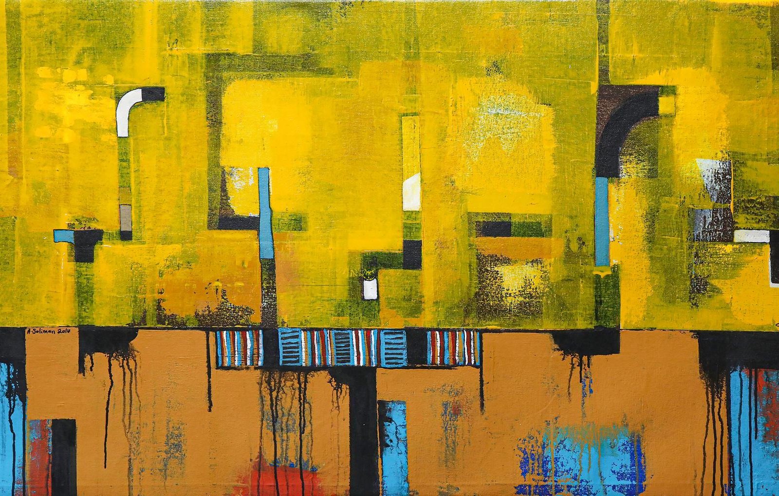 L'image présente une œuvre d'art abstraite dominée par des teintes vives de jaune, accompagnées de touches de bleu, de noir et d'orange. La composition est caractérisée par des formes géométriques variées, superposées et juxtaposées, créant un sentiment de dynamique et de mouvement. Les couleurs semblent se mélanger et se contraster, apportant une profondeur et une texture à l'œuvre. Les lignes et les formes, bien que non figuratives, évoquent une certaine structure tout en laissant place à l'interprétation personnelle de l'observateur.
