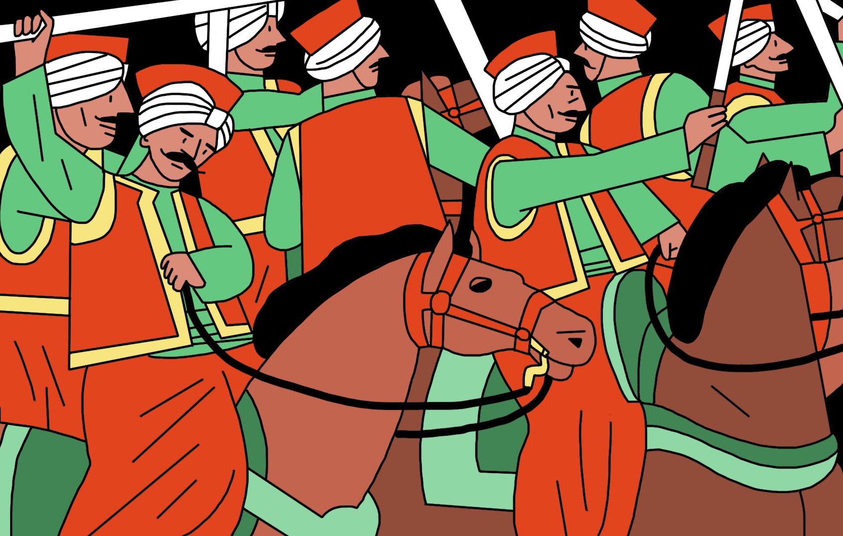 L'image présente un groupe de cavaliers vêtus de costumes traditionnels. Ils portent des turbans et des vêtements colorés, principalement orange et vert. Chaque cavalier tient une lance ou un drapeau. Les chevaux sont également représentés, avec des harnachements décoratifs. L'ensemble dégage une atmosphère dynamique et festive, évoquant une parade ou un rassemblement culturel. Le style est graphique et stylisé, avec des formes simples et des couleurs vives sur un fond noir.