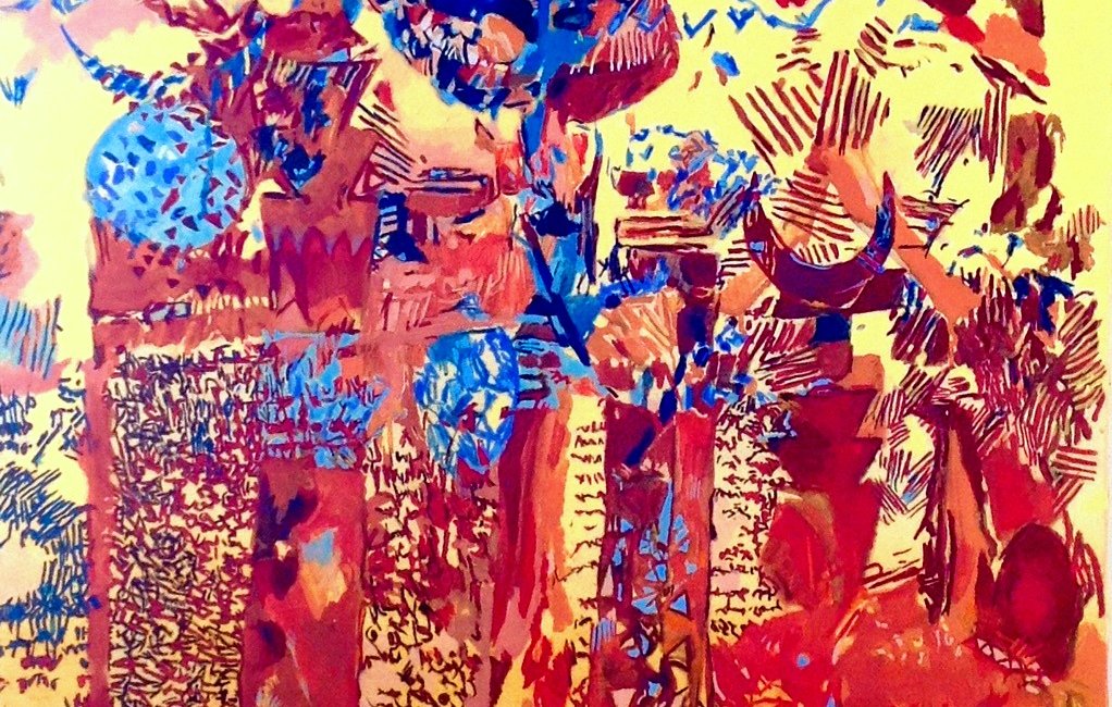 L'image présente une composition abstraite aux couleurs vives, principalement des nuances de rouge, bleu et jaune. On peut discerner des formes géométriques et des motifs qui semblent évoquer des structures architecturales, comme des tours ou des temples. Le fond jaune apporte une luminosité, tandis que les coups de pinceau dynamiques créent une sensation de mouvement. L'ensemble dégage une atmosphère vibrante et expressive, invitant à l'interprétation personnelle.