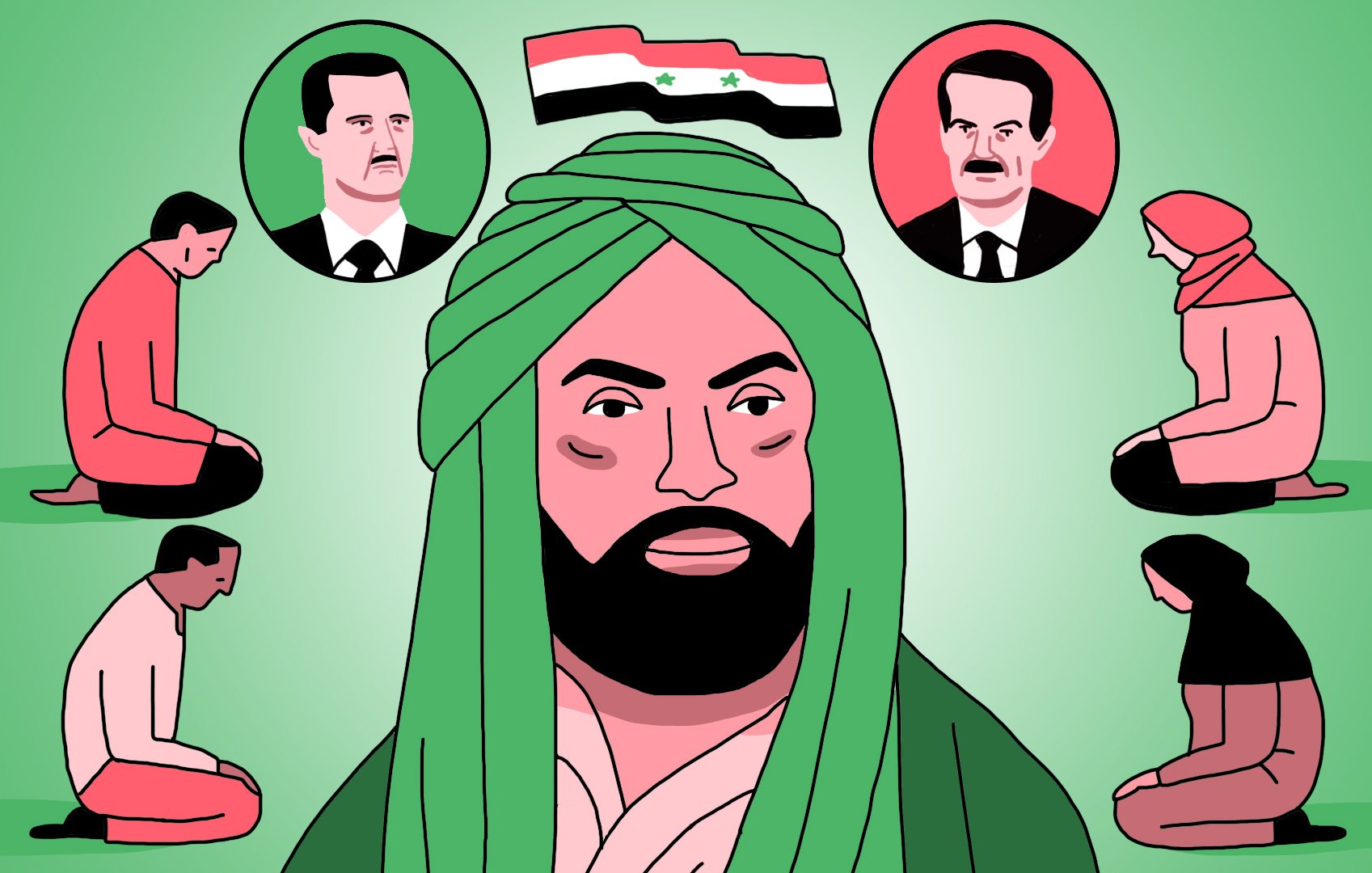 L'image présente un personnage central avec une barbe et un turban vert, entouré de silhouettes de personnes inclinées vers le sol. Au-dessus, il y a trois cercles avec des visages, probablement représentant des figures politiques. En arrière-plan, on peut voir un drapeau syrien. L'ensemble évoque des thèmes liés à la politique et à la religion, toutes deux liées à la Syrie. Les couleurs sont principalement vertes et rouges, ajoutant un contraste visuel significatif.