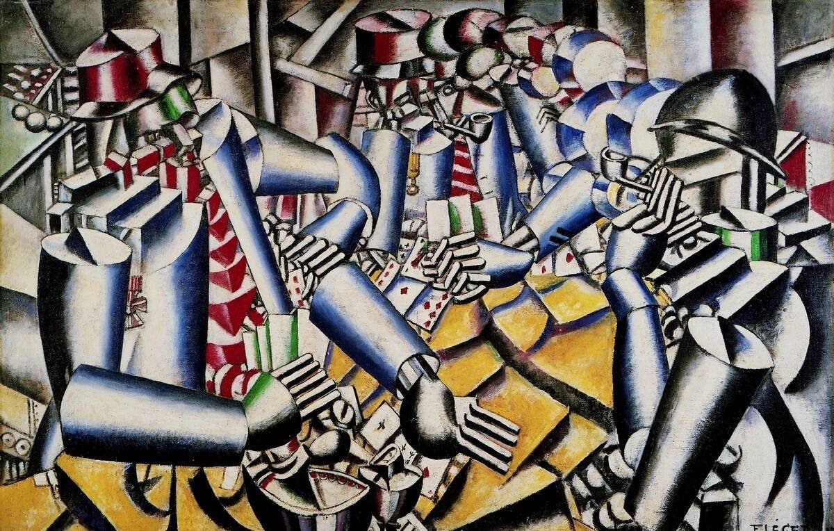 Cette image représente une scène dynamique et complexe, typique du style cubiste. On y voit plusieurs figures humaines, dotées de formes géométriques angulaires, interagissant les unes avec les autres. Les personnages semblent être engagés dans un jeu ou une activité sociale, et leurs postures évoquent un mouvement et une tension. Les couleurs utilisées sont principalement des tons de bleu, de rouge et de jaune, créant un contraste vibrant. Le fond abstrait renforce la profondeur de la composition, tandis que les traits manipulés et les formes stylisées soulignent l'influence cubiste de l'œuvre.