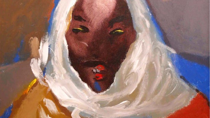 L'image représente un portrait stylisé d'une personne, avec des traits abstraits et puissants. Le visage est sombre, avec des yeux perçants, et est entouré d'un voile blanc. Les couleurs utilisées sont vives et contrastées, avec des touches de rouge et de bleu, créant une atmosphère vibrante et expressive. L'ensemble semble évoquer une forte émotion et une identité culturelle. La signature visible et la date indiquent que l'œuvre a été réalisée en 1997.