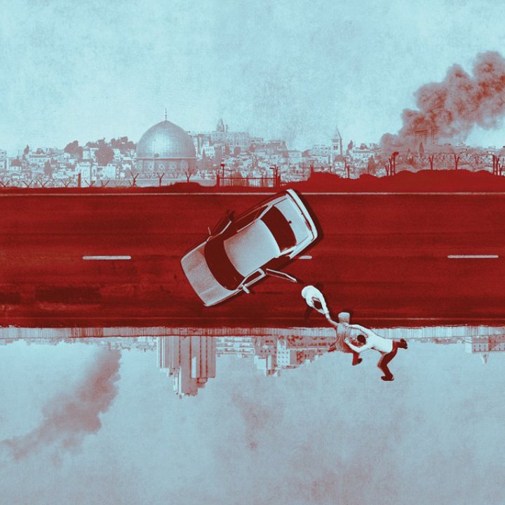The image features a dramatic and artistic representation of a road scene. A car appears to be in motion, positioned on a stark red highway that contrasts against a blue-toned urban landscape in the background. The scenery shows a city skyline with notable buildings, including domes and towers, along with hints of industrial elements such as smoke in the distance. In the foreground, there are two figures, one of whom seems to be running or being pulled, which adds a sense of urgency or action to the scene. Overall, the image combines elements of tension and surrealism, utilizing a bold color palette to convey its message.
