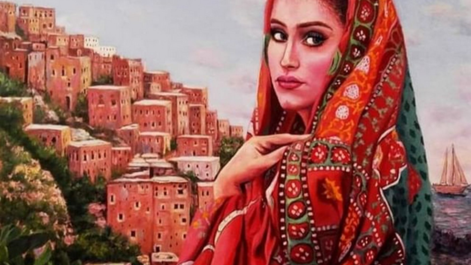 الصورة تُظهر امرأة ترتدي زيًّا تقليديًا مزخرفًا بألوان دافئة وزاهية، حيث تلتف بوشاح ملون يزين شعرها. تعبر ملامح وجهها عن جمال وثقة، بينما يحيط بها منظر طبيعي يضم بيوتًا تقليدية تتوزع على جبال، مع بحيرة أو بحر يظهر في الخلفية. الألوان المستخدمة في الرسم تعكس الحيوية وتجسد الثقافة المحلية بوضوح.