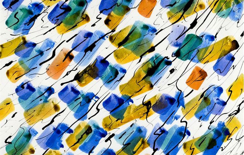 L'image présente une composition artistique colorée, où des éclaboussures et des traits de peinture se mêlent. On y voit des formes aux tons variés, notamment des bleus, des jaunes, des verts et des oranges. Les traits noirs parcourent la toile de manière dynamique, ajoutant du mouvement et de la profondeur à l'ensemble. Le résultat évoque une certaine vivacité et une énergie créative.