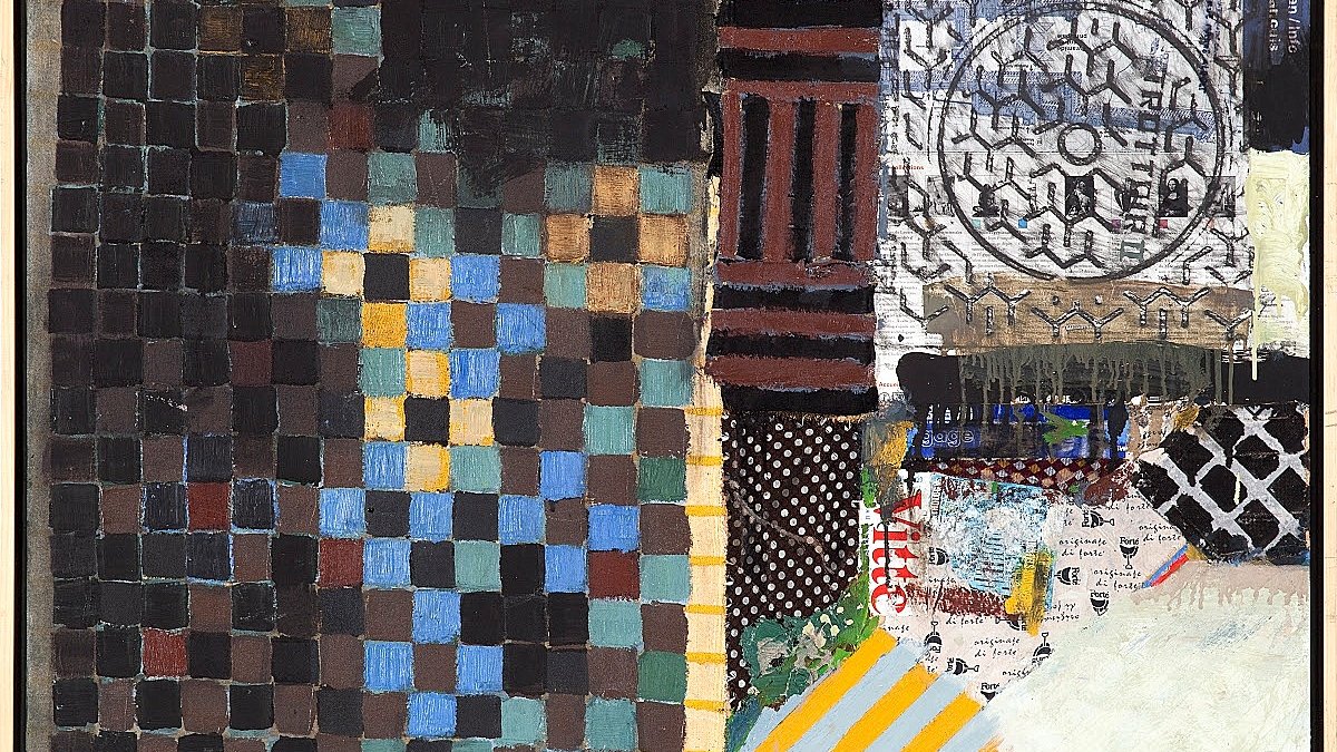 L'image paraît être une œuvre d'art abstraite avec un mélange de textures et de motifs. À gauche, on observe un motif de carreaux de différentes couleurs, principalement des tons sombres et des touches de bleu. À droite, on trouve des formes géométriques, des lignes et des motifs variés, comme des rayures et des points. La composition est asymétrique et semble jouer avec les contrastes de couleurs et de matériaux. L'ensemble crée une esthétique dynamique et intrigante.