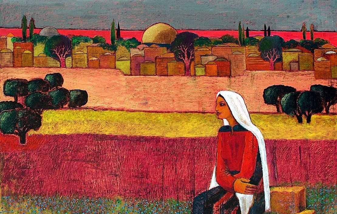 Cette image représente une scène colorée avec une silhouette féminine assise sur un rocher, regardant un paysage urbain en arrière-plan. La femme, vêtue d'une robe rouge et d'un foulard blanc, semble contemplative. Le panorama évoque une ville avec des maisons aux teintes chaudes et des formes géométriques, entourée d'une nature stylisée, incluant des arbres et des collines. Le ciel est nuageux, ajoutant une atmosphère dramatique à la composition, tandis que les couleurs vibrantes créent un contraste fort entre la femme et le paysage.