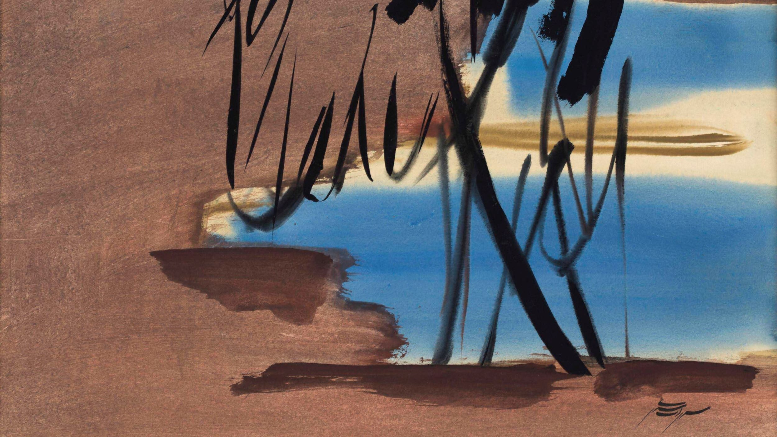 L'image présente une composition abstraite avec des coups de pinceau en noir et des couleurs terreuses, créant une atmosphère calme et contemplative. À l'arrière-plan, des nuances de bleu évoquent un ciel ou une étendue d'eau, tandis que des formes sombres et tourbillonnantes suggèrent des arbres ou une végétation. L'ensemble donne une sensation d'harmonie et d'équilibre entre les éléments naturels et l'abstraction artistique.