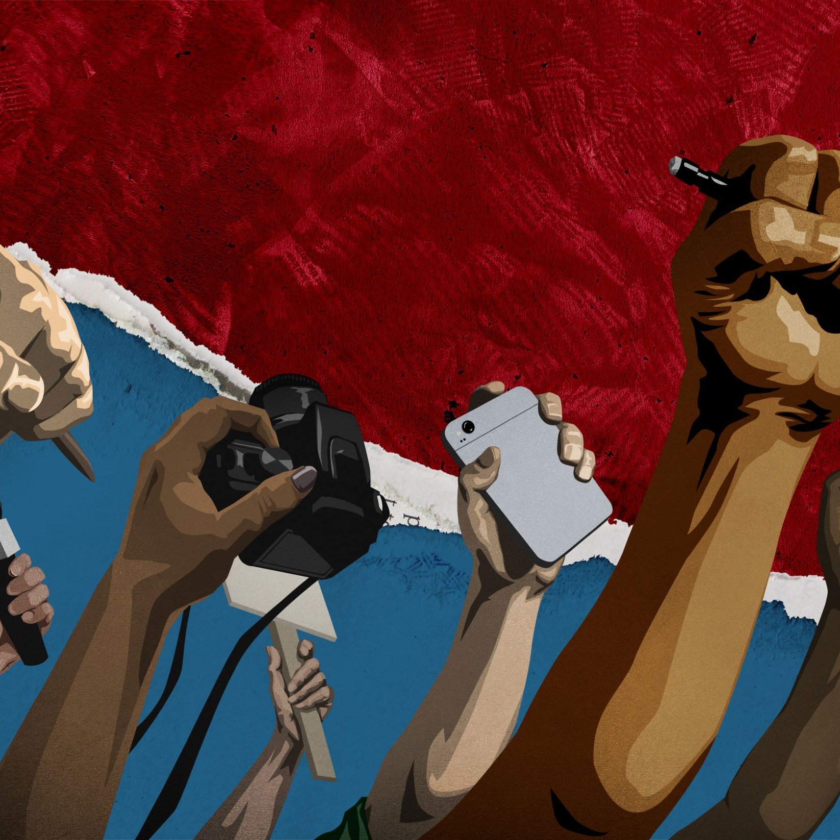 L'image montre une multitude de mains levées vers le haut, chacune tenant différents objets symboliques. On peut voir des microphones, des stylos, un appareil photo et un téléphone, soulignant un thème de protestation ou de revendication. En arrière-plan, il y a une texture de couleur rouge qui pourrait évoquer une ambiance de lutte ou de passion. Cette composition met en avant l'idée d'engagement et de voix collectives dans une lutte pour des droits ou des changements sociaux.