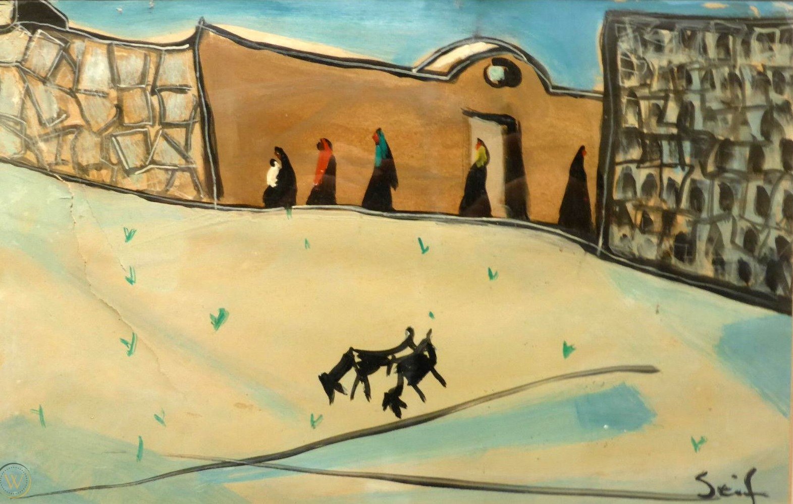 L'image représente une scène à la fois simple et évocatrice. On y voit un paysage sablonneux avec des silhouettes de personnes marchant le long d'un mur, probablement un bâtiment ou une fortification. Les personnages, vêtus de robes colorées, contrastent avec les teintes plus neutres des murs. Au premier plan, deux animaux semblent paître ou se déplacer, ajoutant une touche de vie à la composition. L'ensemble dégage une atmosphère calme et dépouillée, avec un style artistique qui évoque une certaine abstraction. Les couleurs, dominées par des tons de beige, de bleu, et des touches de couleur vive, créent une ambiance apaisante et contemplative.