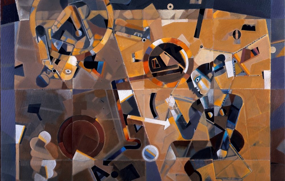 Cette image présente une composition abstraite riche en formes géométriques et en couleurs terreuses. On peut distinguer des figures humaines stylisées, intégrées dans un jeu de lignes et de cercles. Les couleurs varient entre des nuances de brun, de beige et de bleu, créant une atmosphère à la fois chaude et dynamique. Le tableau semble jouer sur le mouvement et l'interaction entre les éléments, évoquant une certaine énergie et une réflexion sur la condition humaine dans un contexte moderne. Les contours sont flous, ce qui ajoute à l'aspect mystérieux de l'œuvre.