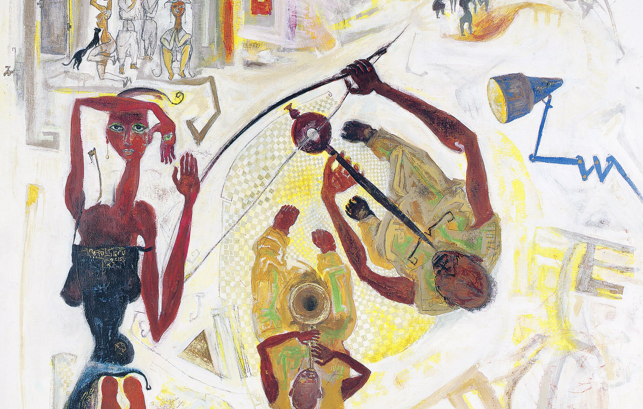 L'image présente une composition artistique riche en couleurs et en formes abstraites. On y voit des figures humaines stylisées, certaines en mouvement, avec des éléments géométriques et des motifs entrelacés. Les couleurs dominantes incluent des teintes vives comme le rouge, le jaune et le noir, qui créent une atmosphère dynamique. Les personnages semblent engagés dans des activités variées, évoquant un mélange de culturelle et d'émotion. L'ensemble de l'œuvre dégage une impression de mouvement et d'énergie, tout en laissant place à l'interprétation personnelle.