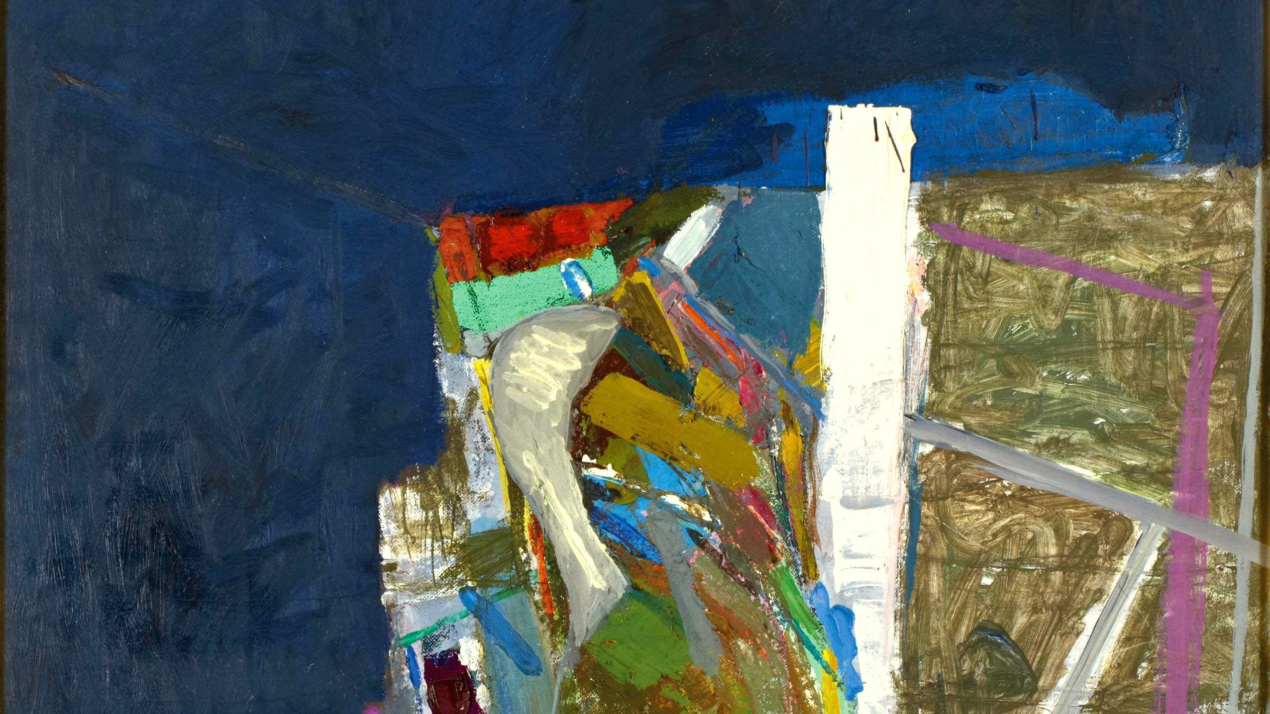 Cette œuvre semble être une peinture abstraite caractérisée par des formes et des couleurs vives. Le tableau présente une composition dynamique avec des tons sombres à l'arrière-plan, en contraste avec des couleurs plus éclatantes comme le rouge, le bleu et le jaune. Les formes géométriques et organiques se mélangent, suggérant un paysage ou une scène qui pourrait être interprétée de différentes manières. La texture de la peinture et la gestuelle du pinceau ajoutent une dimension tactile à l'œuvre.