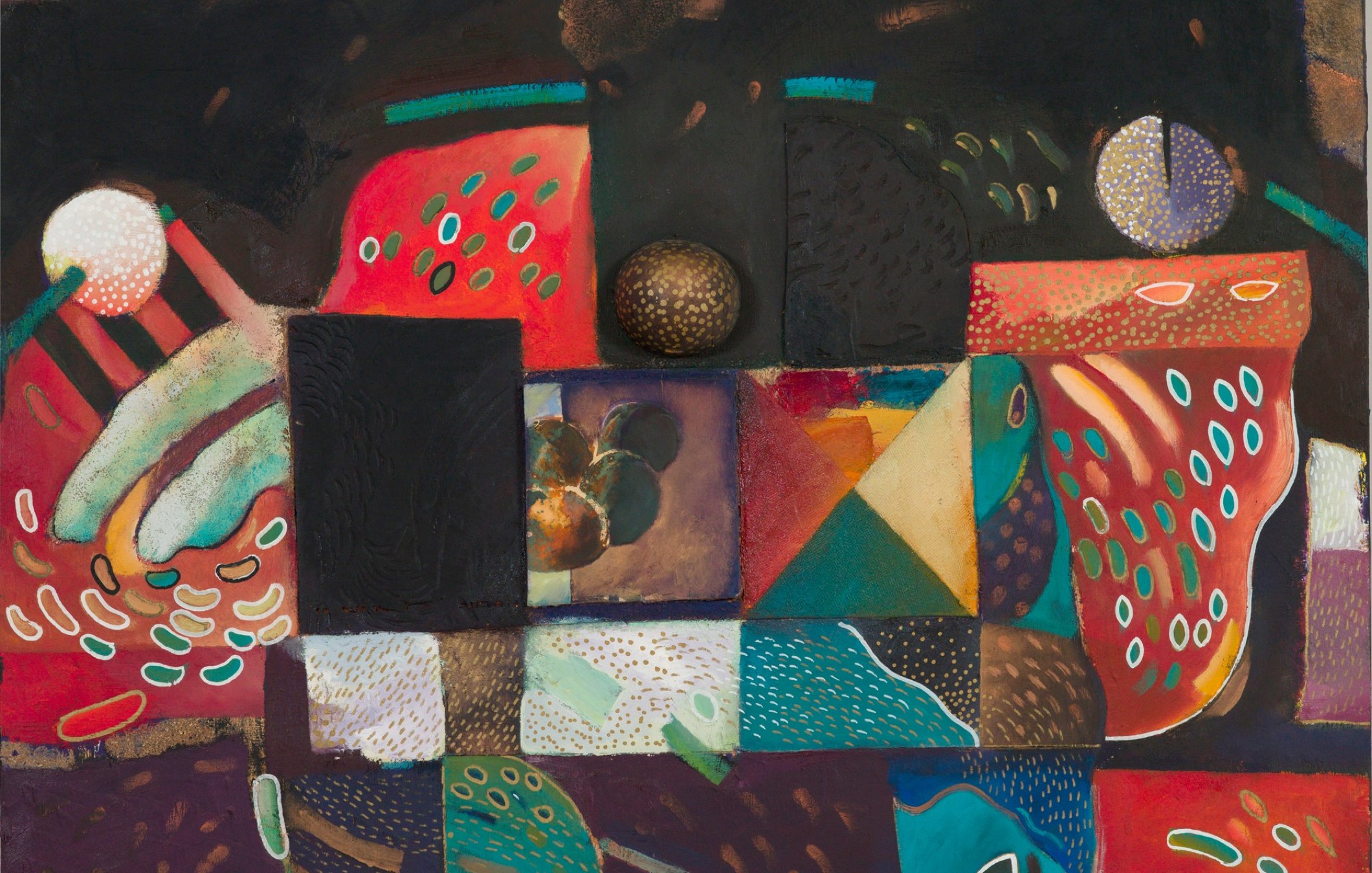 L'image représente une composition artistique aux couleurs vives et aux formes géométriques variées. On y voit des éléments abstraits et des textures différentes qui semblent interagir. Les nuances de rouge, bleu, noir et vert se mêlent, créant un contraste dynamique. Des motifs circulaires et des formes angulaires sont présents, évoquant un univers presque surréaliste. L'ensemble dégage une sensation de profondeur et de mouvement, attirant le regard vers les différentes sections de l'œuvre.