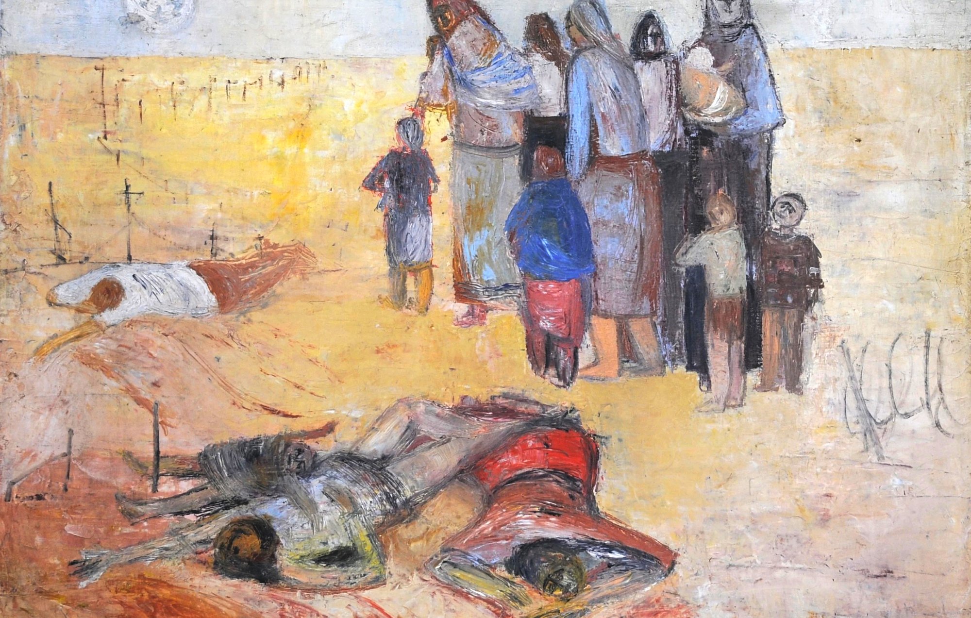 Scène tragique montrant des personnes en deuil près de corps sur une terre désertique.