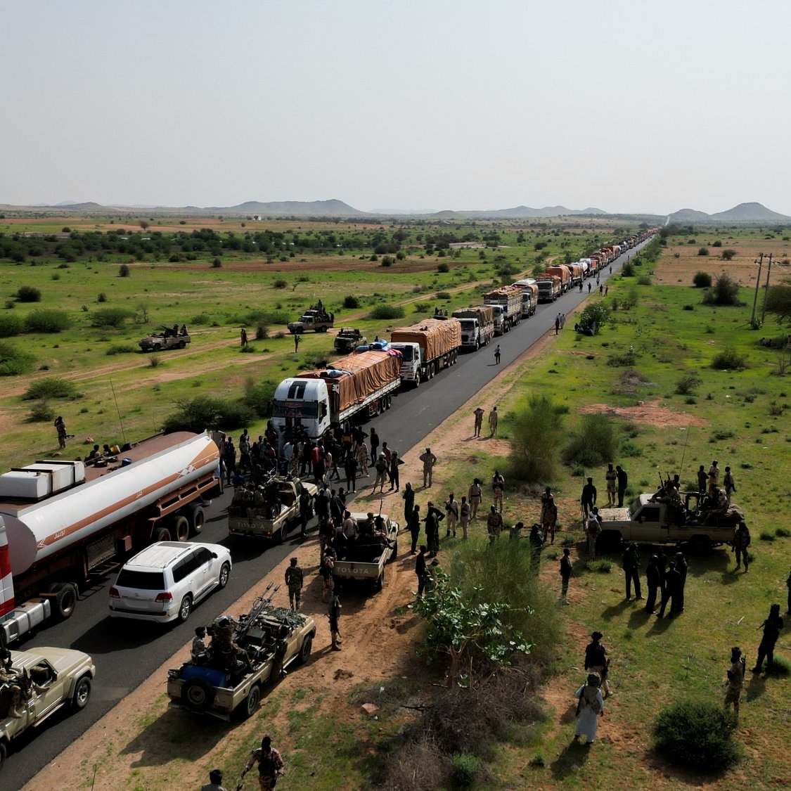 Una lunga fila di veicoli su una strada in un paesaggio verde e desertico.