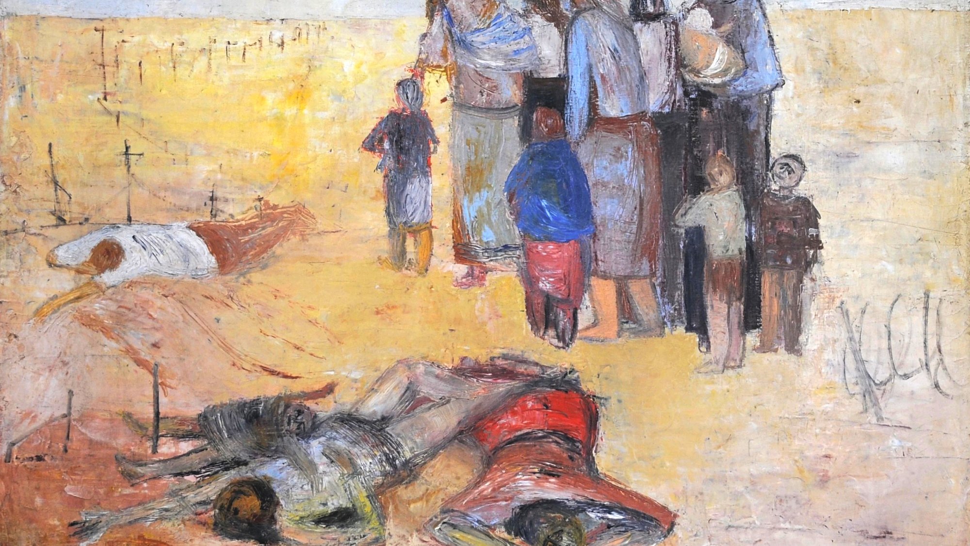 Scène tragique montrant des personnes en deuil près de corps sur une terre désertique.