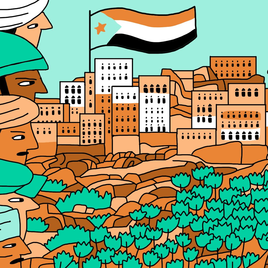 L'image représente une scène stylisée avec plusieurs soldats en avant-plan, chacun portant des casques de différentes couleurs. Ils font face à une ville aux bâtiments colorés, encadrée par des collines. Au centre, un drapeau tricolore avec une étoile flotte au-dessus de la ville. L'ensemble est réalisé dans un style graphique, avec des formes simplifiées et des couleurs vives. Les soldats semblent symboliser des factions distinctes, tandis que l'arrière-plan illustre un paysage régional.