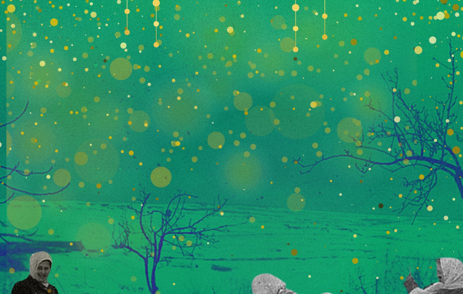 L'image présente une composition artistique avec un fond vert vif parsemé de motifs dorés. Au premier plan, on voit plusieurs femmes en noir et blanc, habillées de vêtements traditionnels. Elles semblent engagées dans une activité collective, peut-être une danse ou une célébration, autour d'un élément symbolique. En arrière-plan, des arbres dénudés ajoutent une dimension presque mélancolique à la scène. L'ensemble crée un contraste intéressant entre la couleur dynamique et les figures monochromes, évoquant des thèmes de culture et de mémoire.