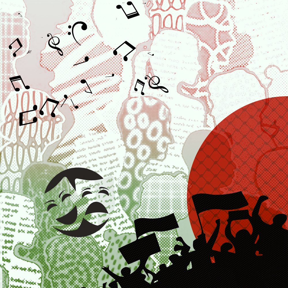 A vibrant scene with silhouettes of people celebrating, musical notes, and a large red circle symbolizing Bangladesh.