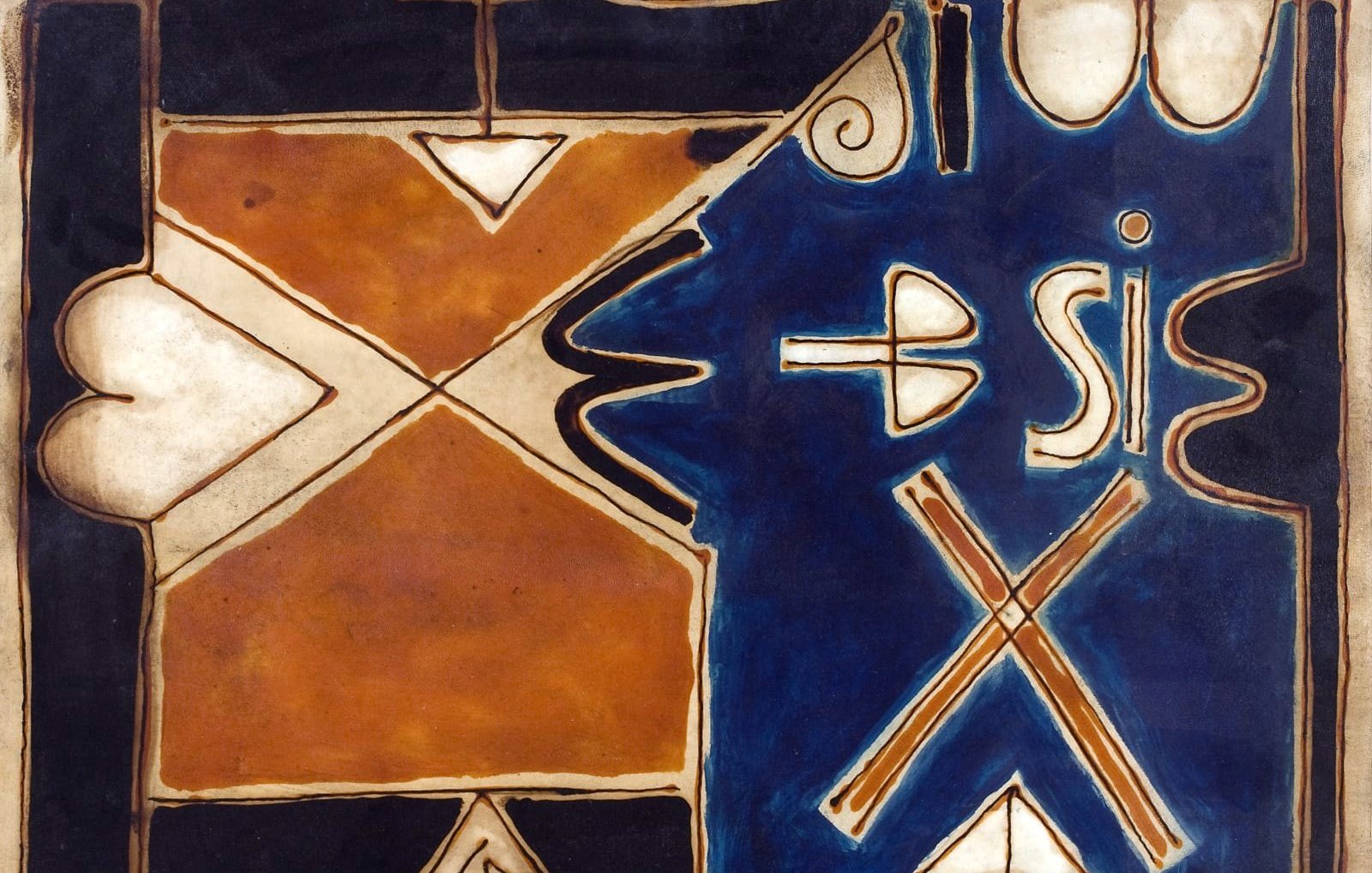 L'image présente un tableau abstrait, composé de formes géométriques et de couleurs vives. On peut voir des sections de couleurs orange, bleue et blanche. Des motifs en forme de flèches et des symboles semblent dominer la composition, créant une dynamique visuelle intéressante. L'œuvre utilise un contraste fort entre les différentes couleurs et formes, attirant l'œil et suscitant l'interprétation. Les éléments semblent organiser des dialogues visuels entre eux, ce qui pourrait évoquer des thèmes de communication ou d'interaction.