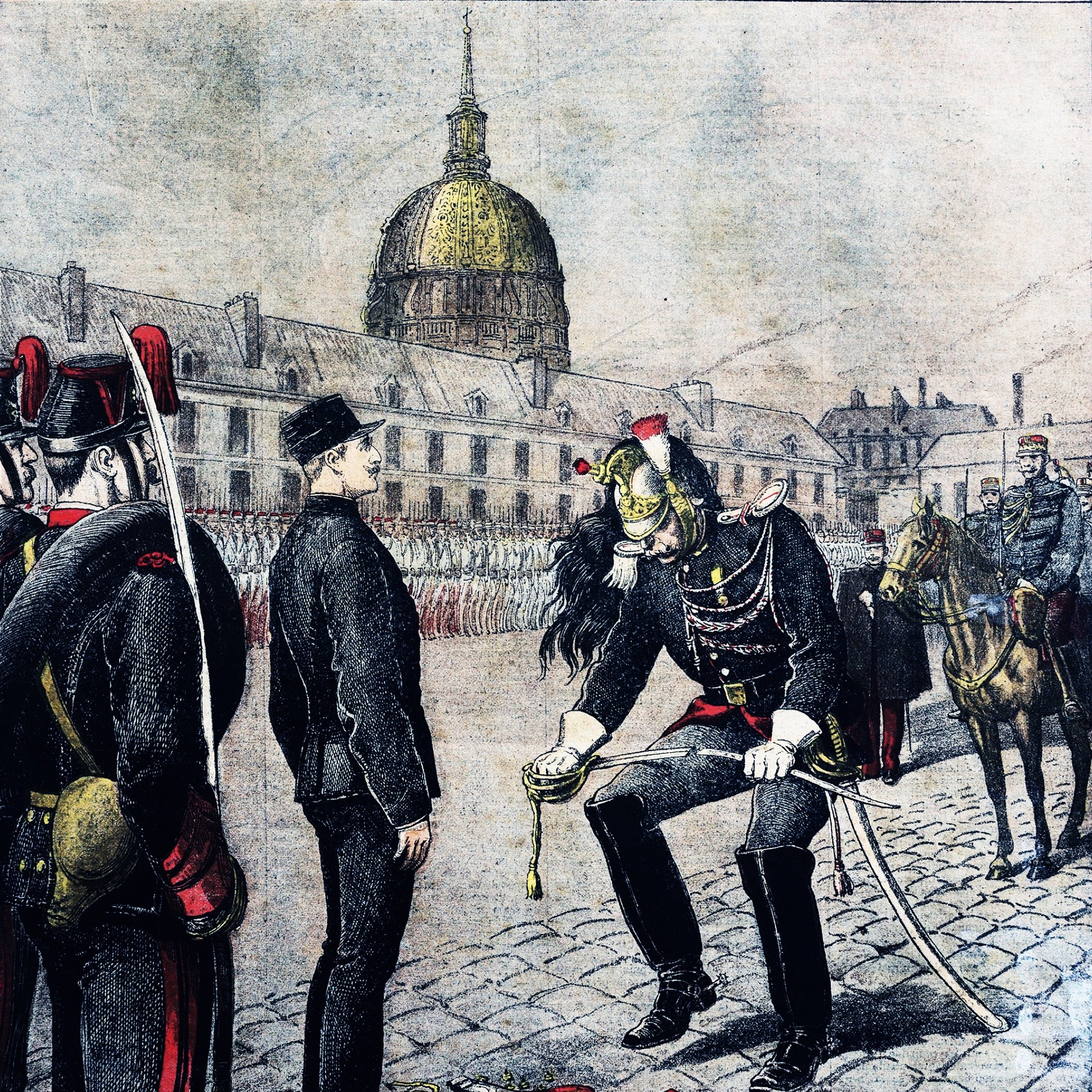 L'image représente une scène militaire historique. On y voit un homme en uniforme, probablement un officier, qui se penche en avant pour ramasser quelque chose qui semble être un symbole de désapprobation ou une forme de déshonneur, comme un morceau de métal ou un insigne, sur le sol. D'autres soldats, vêtus de uniformes traditionnels, se tiennent en arrière-plan, soit en position de garde, soit en train de regarder la scène. En arrière-plan, on aperçoit un bâtiment avec un dôme, probablement un édifice gouvernemental ou militaire, symbolisant le cadre institutionnel de l'événement. Les couleurs sont vives et donnent un aspect dramatique à la scène.