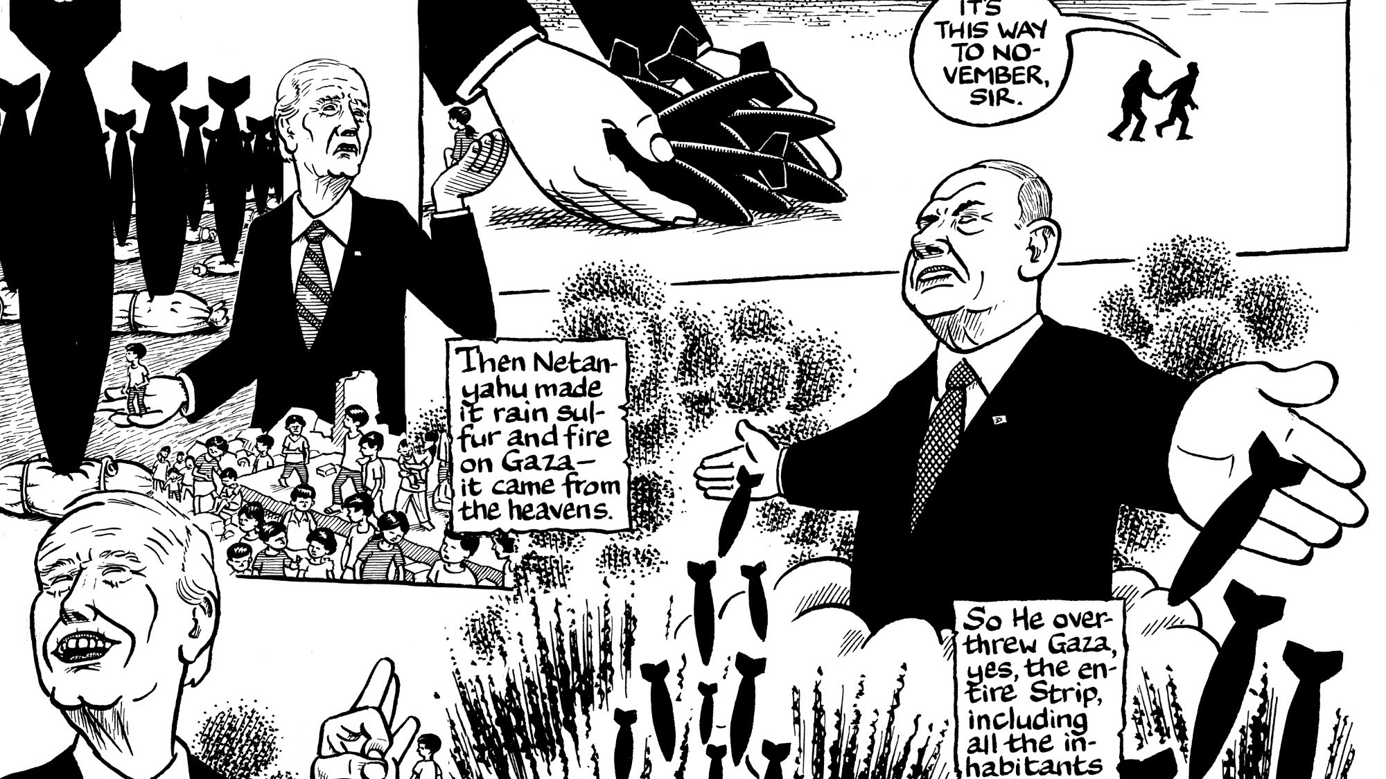 L'image semble comporter une caricature politique. D'un côté, on voit une figure qui ressemble à un homme politique, probablement en train de parler avec un geste théâtral. De l'autre, une autre figure masculine, semblant être un leader israélien, montre une scène dramatique. Il y a des éléments symboliques, comme des missiles ou des bombes, et des références explicites à des événements récents, notamment liés à Gaza. Des éléments visuels renforcent le message critique sur des actions militaires et politiques, ainsi que leur impact sur les populations. Le style est graphique et pourrait susciter une réflexion sur la situation géopolitique.