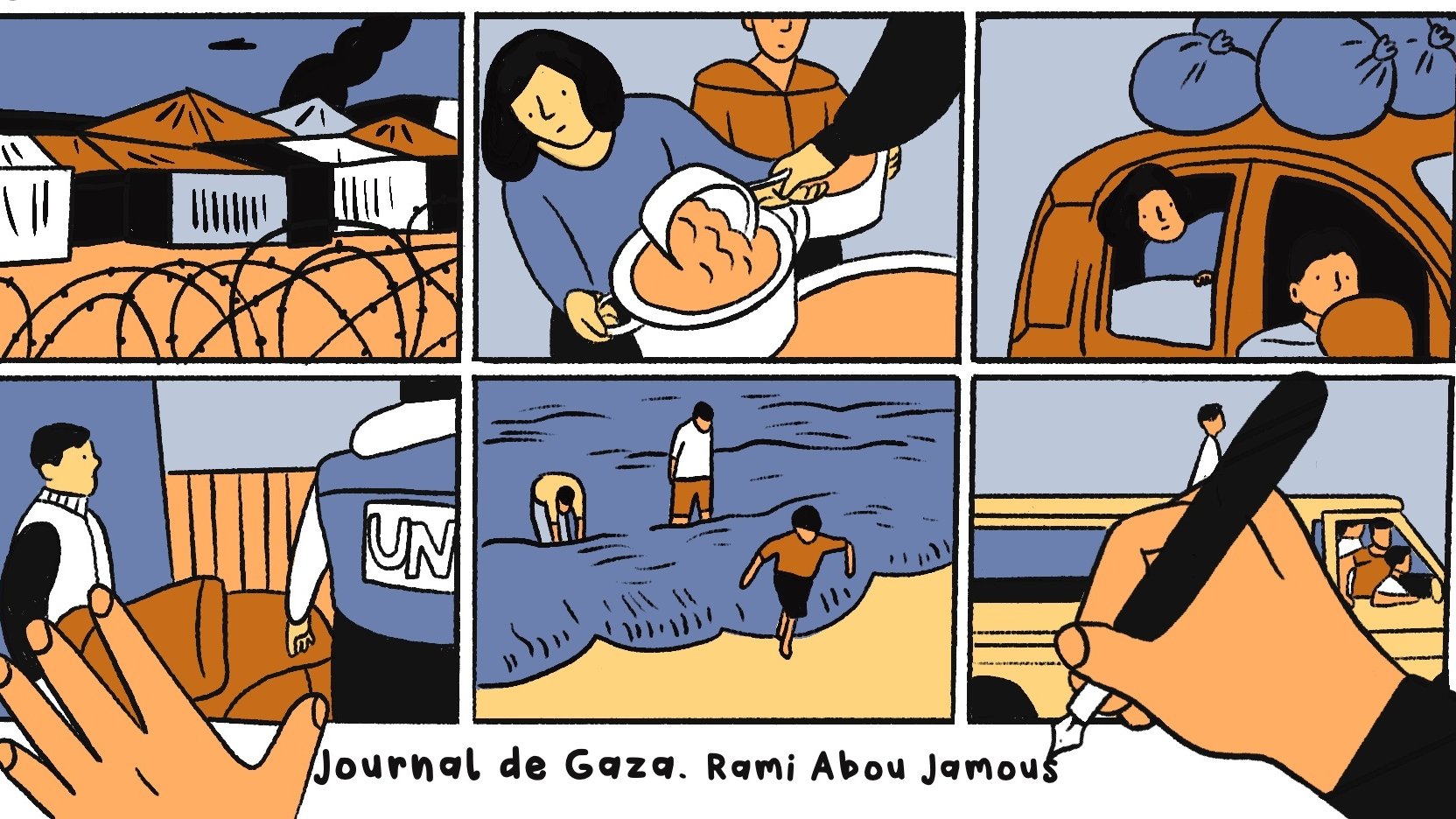 L'image présente une série de vignettes illustrant des scènes de la vie à Gaza. On y voit des campements, des interactions humaines, un véhicule sur une route, et des activités sur la plage. L'ensemble dégage une atmosphère de quotidien et de résilience, avec des aspects de solidarité et de difficulté. En bas, on peut voir la mention "Journal de Gaza" et le nom "Rami Abou Jamous", suggérant qu'il s'agit d'un récit personnel ou d'un témoignage sur la situation dans la région.
