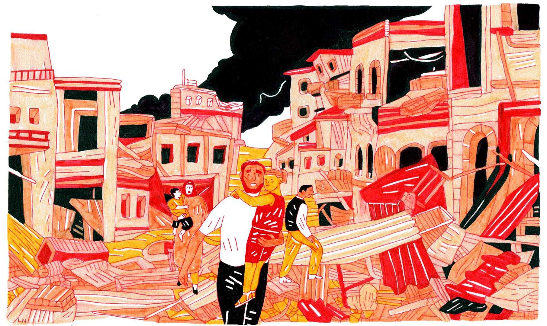 L'image représente une scène urbaine dévastée, avec des bâtiments en ruines et des débris éparpillés dans toute la zone. Au premier plan, on peut voir plusieurs personnes, parmi lesquelles un homme portant une tenue de protection rouge. Les autres figures semblent traverser les débris, et l'ensemble de la composition est dominé par des tons rouge et beige, créant une atmosphère intense et dramatique. Le ciel est sombre, suggérant une ambiance lourde et pesante.