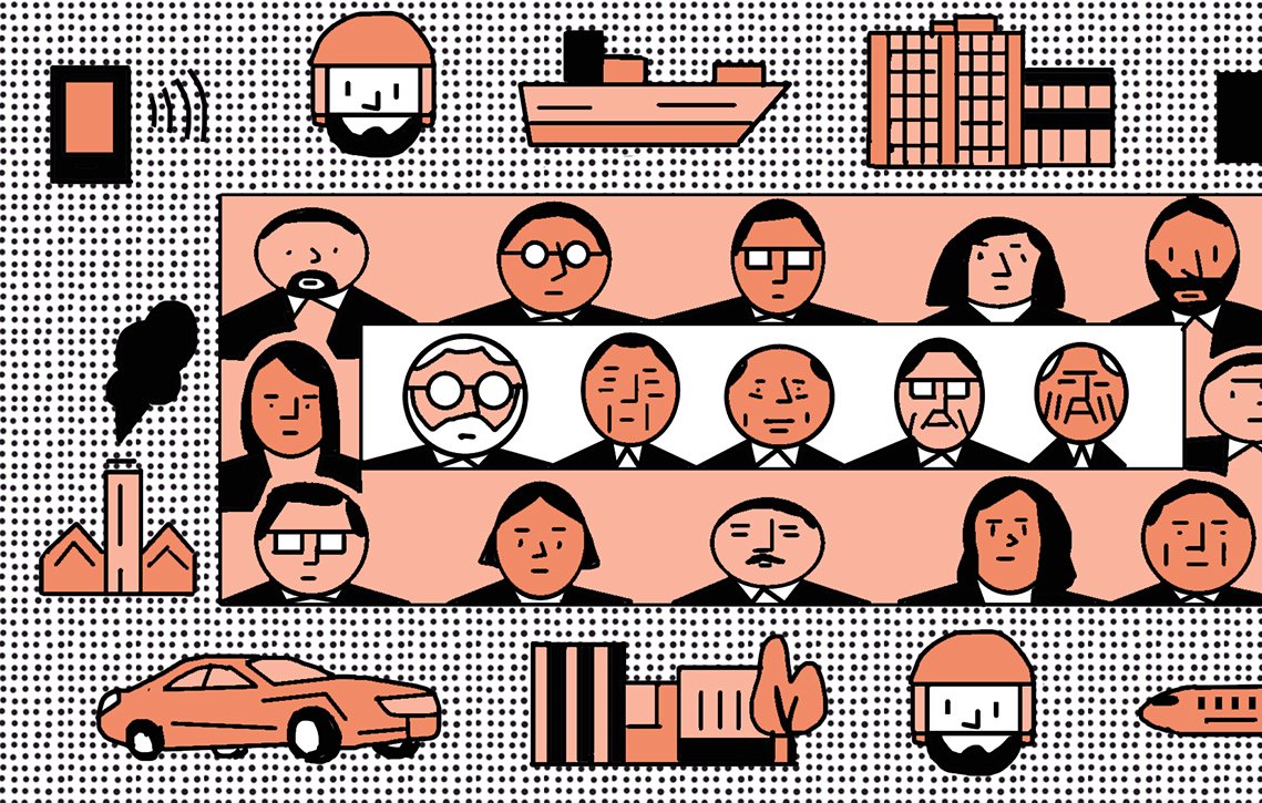 The image features a collection of illustrated characters arranged in a rectangular layout. Each character appears to represent different professions or roles, indicated by their hairstyles, accessories, and expressions. Surrounding the central group are various icons depicting transportation (like a boat and an airplane), buildings (suggestive of urban settings), and vehicles (like a car). Additionally, there are elements representing industry, such as smokestacks and factories. The overall color scheme includes shades of peach, black, and white, creating a cohesive and stylized design.