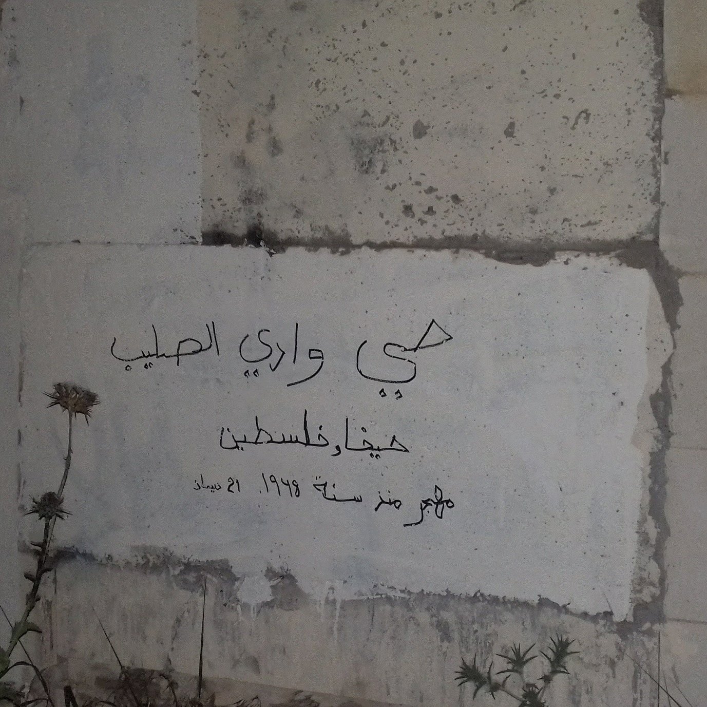 L'immagine mostra una parete di pietra con un'iscrizione in arabo. La scritta fa riferimento a un luogo specifico, con delle date evidenti, probabilmente legate alla storia palestinese. Attorno alla scritta si notano delle erbacce, che suggeriscono che il posto non sia in uso o mantenga un aspetto trascurato. La scena evoca un senso di abbandono e memoria.