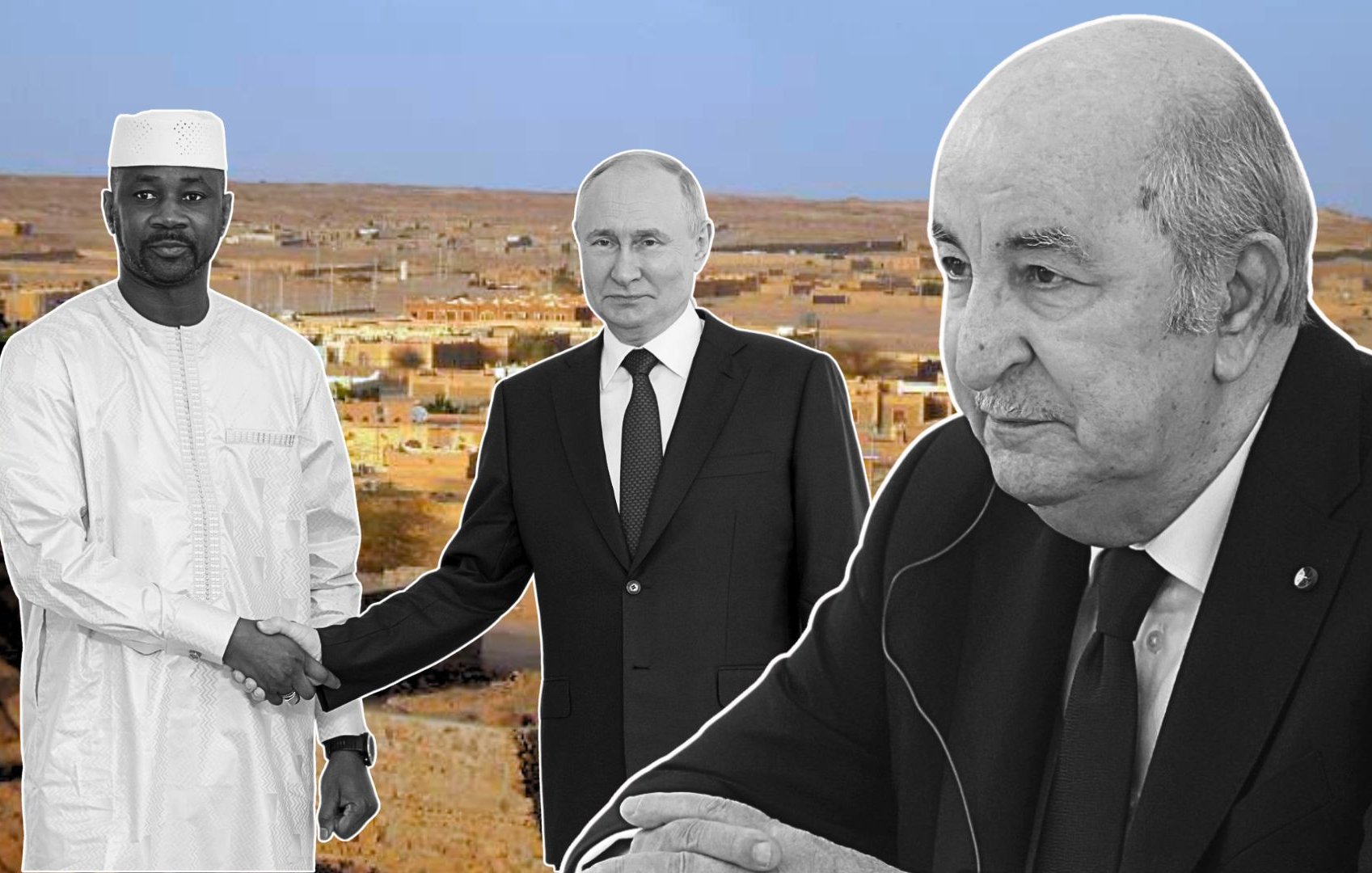 در این تصویر، چند نفر به همراه یک پس‌زمینه طبیعی دیده می‌شوند. به نظر می‌رسد یک مرد با پوشش سنتی Afrikanischen، در حال دست دادن با مرد دیگری است که کت و شلوار پوشیده و ممکن است یک مقام رسمی باشد. مرد سوم که در سمت راست تصویر قرار دارد، نیز به طور حرفه‌ای نشسته و به دوربین نگاه نمی‌کند. این تصویر به نوعی بر تعاملات دیپلماتیک و روابط بین‌المللی تأکید دارد. پس‌زمینه تصویر نمادی از یک منطقه طبیعی یا شهری است.