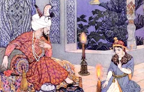 L'image montre une scène orientaliste dans un intérieur décoré. On y voit un homme majestueusement vêtu, assis sur un trône orné, entouré de riches textiles et d'objets décoratifs. Il est en train d'écouter une femme qui est agenouillée devant lui, tandis qu'une autre femme se trouve à ses pieds, examinant des objets sur le sol. L'éclairage est doux, avec des bougies allumées qui créent une ambiance chaleureuse. L'atmosphère est empreinte d'une certaine mystique et d'une opulence typique de l'art inspiré par les cultures orientales.