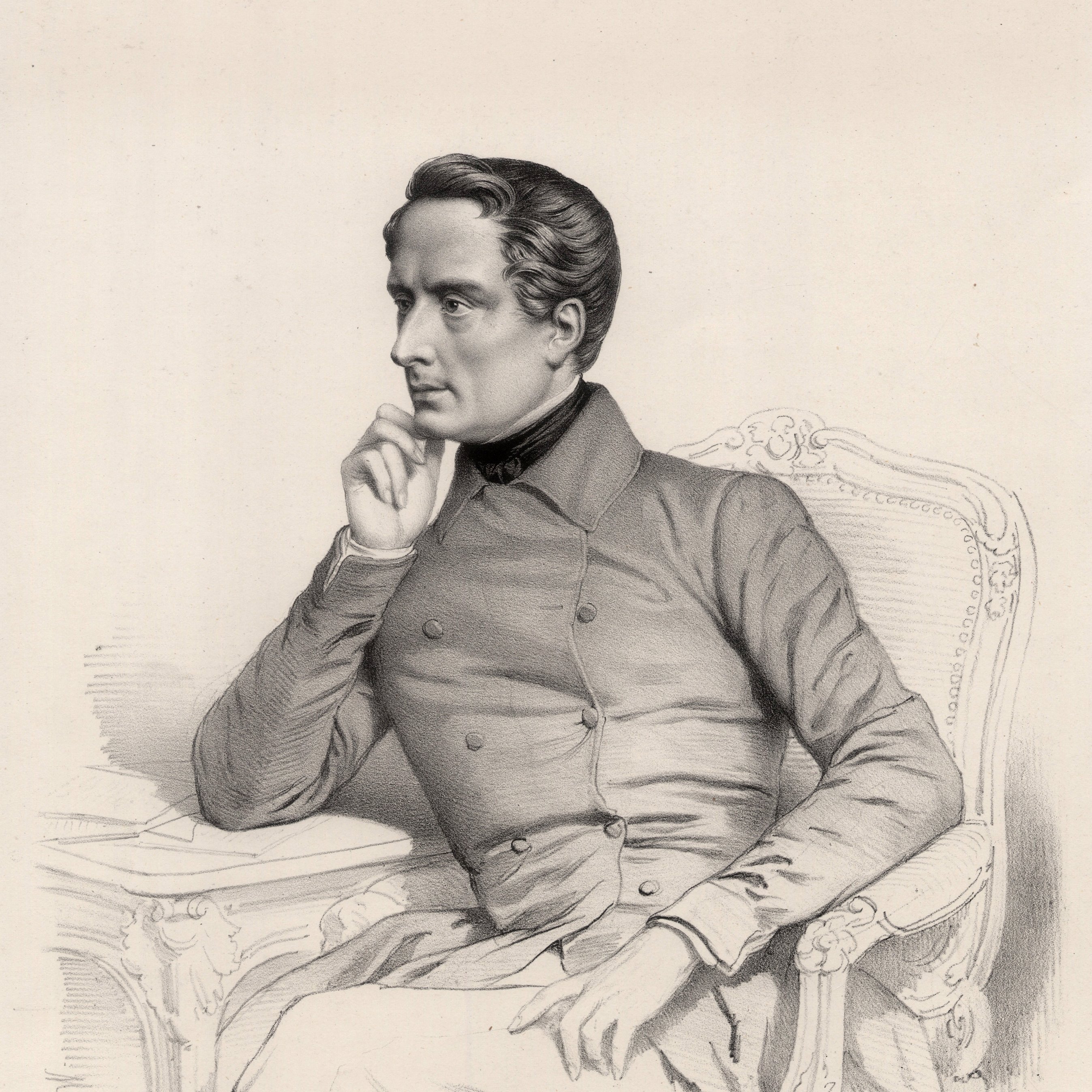 The image features a seated man in a contemplative pose. He has a thoughtful expression, resting his chin on his hand. The man is dressed in a buttoned coat and appears to be in a relaxed yet poised position on an ornate chair. The illustration has a classic, formal style, indicating a historical context. The background is simple, focusing the attention on the figure.