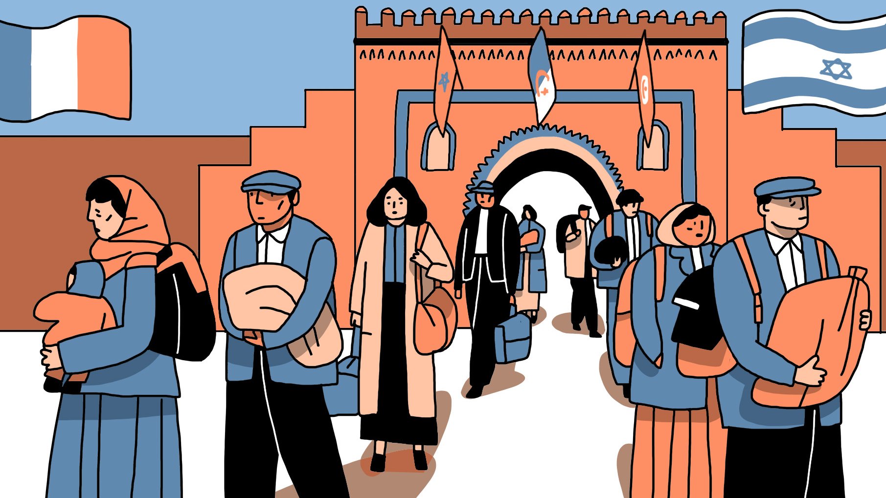 La imagen muestra a un grupo de personas caminando por una puerta o arco que parece ser la entrada de un lugar histórico, con banderas de Francia e Israel visibles en el fondo. La mayoría de las personas llevan equipaje, como mantas y mochilas, y hay una variedad de vestimenta entre ellos, que incluye trajes formales y ropa tradicional. El ambiente parece ser de movimiento y transición, quizás sugiriendo un viaje o una nueva etapa en sus vidas. El diseño es estilizado, con colores predominantes en tonos cálidos y un estilo gráfico moderno.
