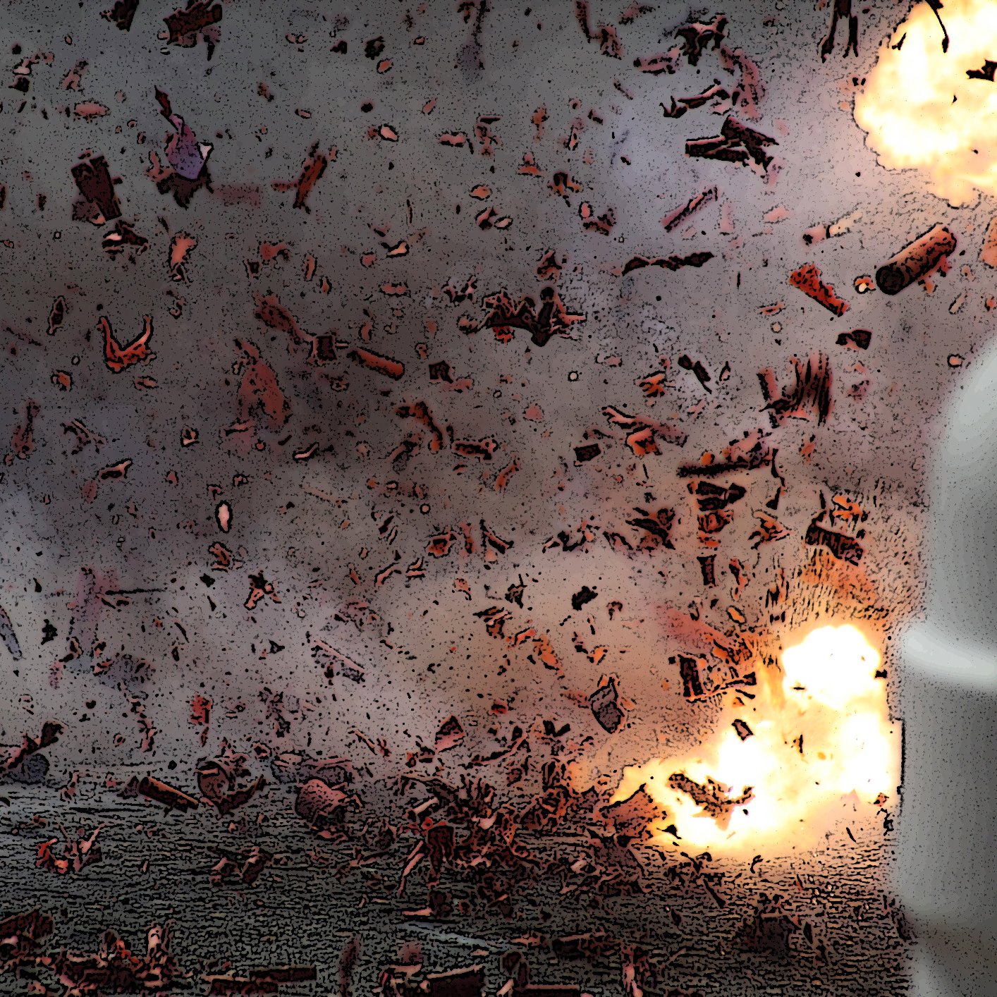 L'immagine mostra un'esplosione con schegge volanti e fumi che si diffondono nell'aria. Ci sono lampi di luce brillante provenienti dall'esplosione, creando un effetto drammatico. Sullo sfondo si intravedono detriti e una scena che evoca un momento di grande intensità. L'atmosfera appare caotica e carica di energia.