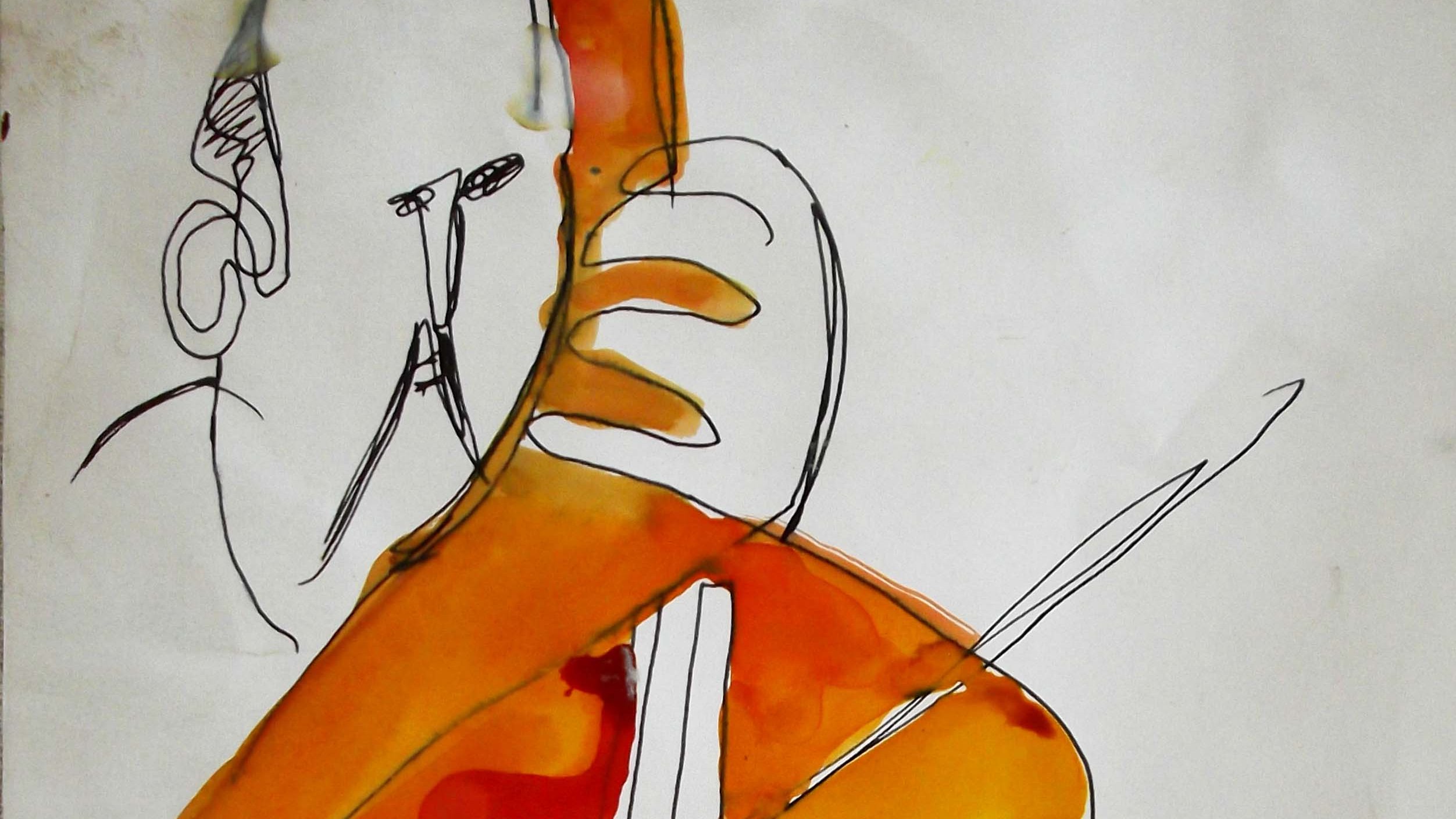 L'image représente une esquisse artistique d'un musicien, probablement un violoniste, avec des lignes fluides et des formes abstraites. Les couleurs orange et jaune dominent, créant une atmosphère dynamique et chaleureuse. La silhouette du personnage est stylisée, mettant l'accent sur l'instrument et le geste de jouer. Les traits sont minimalistes, mais transmettent une forte expressivité. Cela semble capturer à la fois la passion de la musique et l'énergie de la performance.