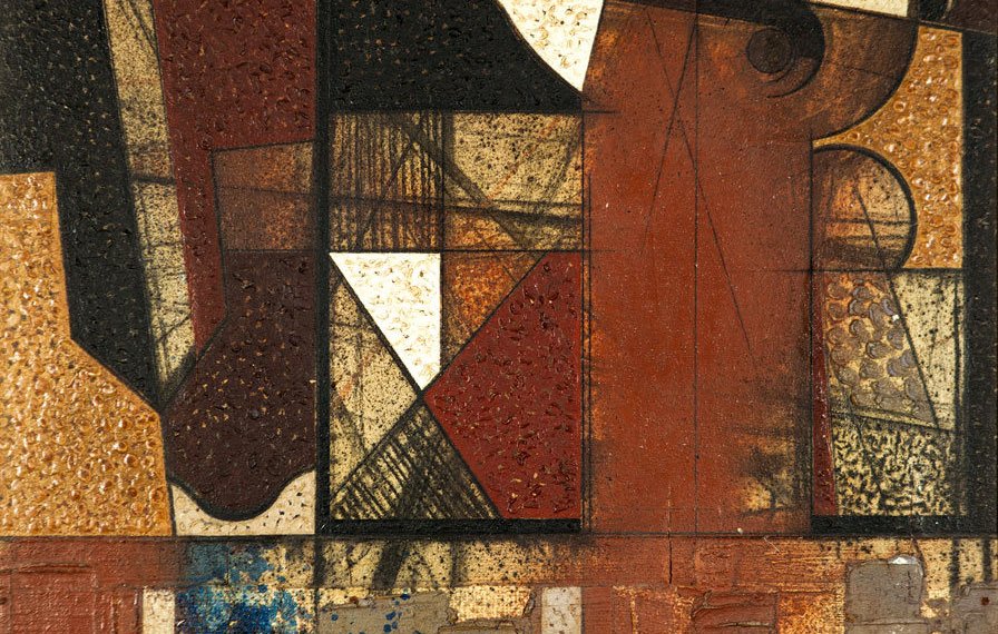 L'image représente une œuvre d'art abstrait composée de formes géométriques et de couleurs terreuses. On peut distinguer des motifs en rouge, noir et beige, ainsi que des touches de bleu. Les éléments semblent être disposés de manière asymétrique, créant une dynamique visuelle intéressante. Les textures variées ajoutent de la profondeur à l'œuvre, tandis que l'ensemble évoque un sentiment de mouvement et d'émotion. C'est une composition qui incite à l'interprétation personnelle.