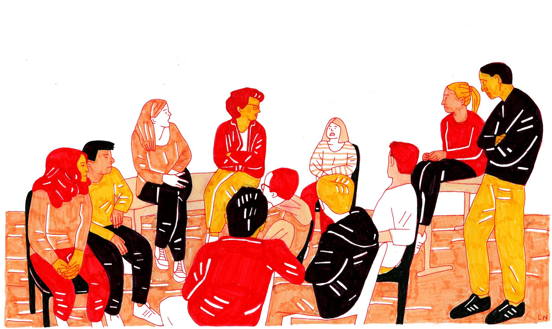 L'image représente un groupe de personnes assises en cercle, engagées dans une discussion. Les personnages sont dessinés avec des couleurs vives, principalement en rouge, orange, et jaune, ce qui donne une atmosphère dynamique et chaleureuse. Certains sont debout, tandis que d'autres sont assis sur des chaises. L'expression de chacun semble attentive, suggérant une interaction collaborative et conviviale.