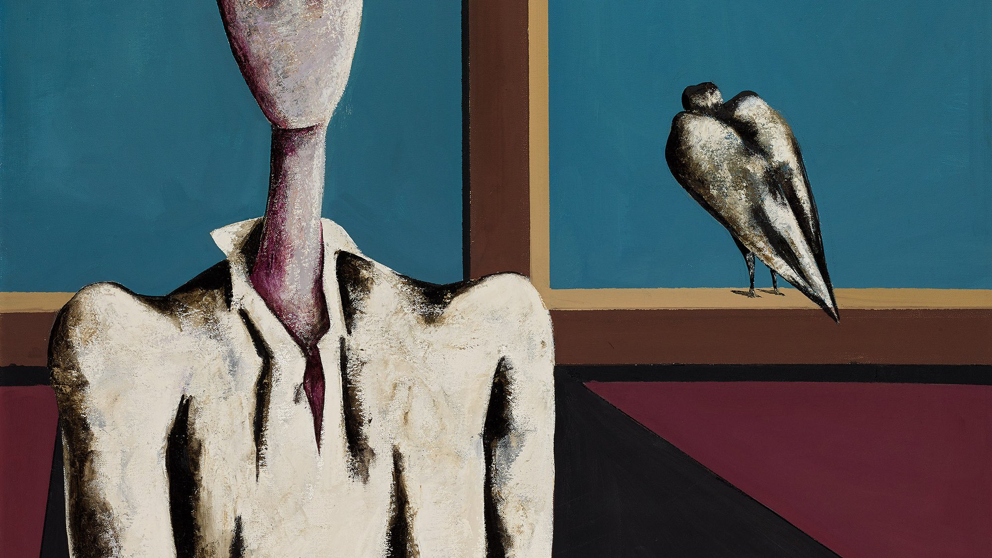 L'image présente une scène où une figure humaine stylisée, avec un visage très simplifié et allongé, est assise en front de la toile. Elle porte une chemise blanche avec un col et a une teinte de peau très pâle. À l'arrière-plan, on aperçoit une fenêtre et un oiseau noir et blanc perché sur le rebord. Les couleurs sont principalement froides, avec des tons de bleu et de rouge, créant un contraste frappant avec la figure humaine. L'ensemble dégage une atmosphère à la fois mystérieuse et contemplative.