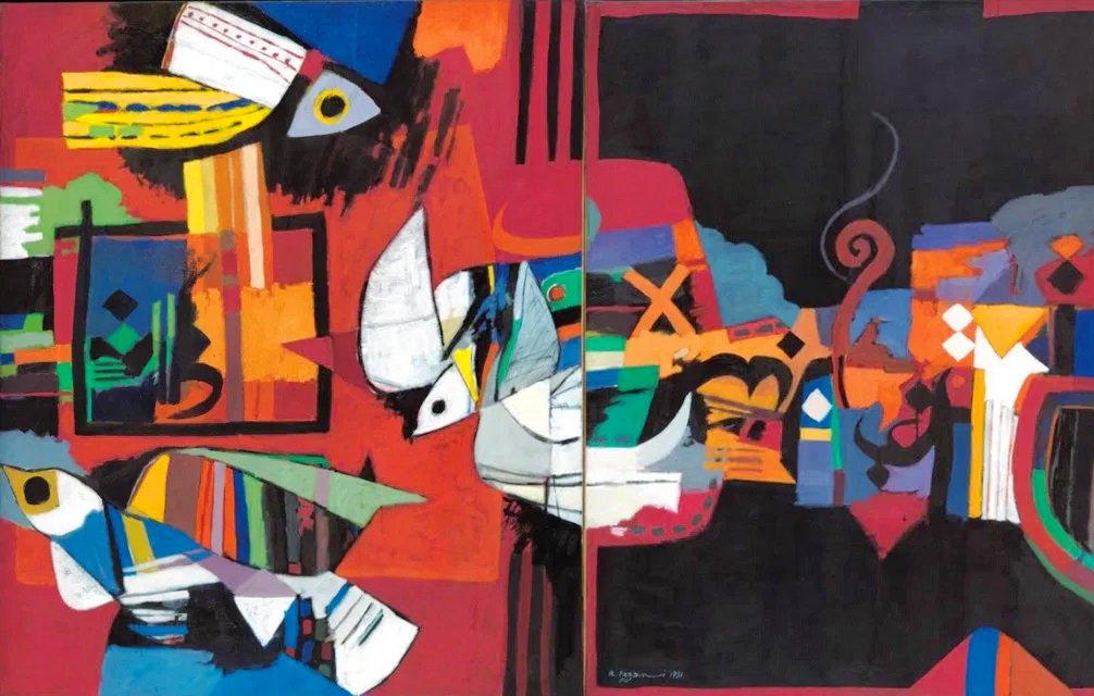 L'image représente une œuvre d'art abstrait, caractérisée par des formes géométriques et une utilisation audacieuse des couleurs. Sur la gauche, on distingue des éléments qui évoquent des poissons et des formes organiques, tandis que la droite présente un ensemble de motifs plus sombres et tourbillonnants. Les couleurs vives comme le rouge, le bleu et le jaune contrastent avec des tons plus sombres, créant une dynamique entre lumière et obscurité. L'ensemble de la composition semble jouer sur l'interaction entre le mouvement et la tranquillité, ainsi qu'entre la nature et l'abstraction.