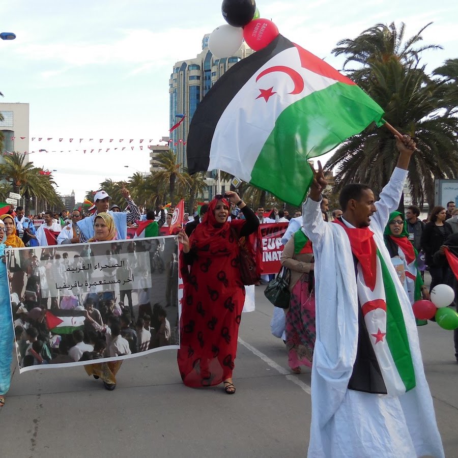 الصورة تُظهر مجموعة من الأشخاص في مسيرة أو احتفال، حيث يحمل المشاركون أعلامًا تحمل ألوان سياسيّة متعددة، بما في ذلك الألوان الخضراء والبيضاء والسوداء، وأيضًا علم يحمل نجمة حمراء. يتواجد عدد من الأشخاص يرتدون ملابس تقليدية وأخرى حديثة، ويبدو أنهم متحمسون ويحملون لافتات، منها لافتة مكتوب عليها باللغة العربية. خلفهم، تُشير أشجار النخيل إلى مناخ حار يدعم جو الفعالية.
