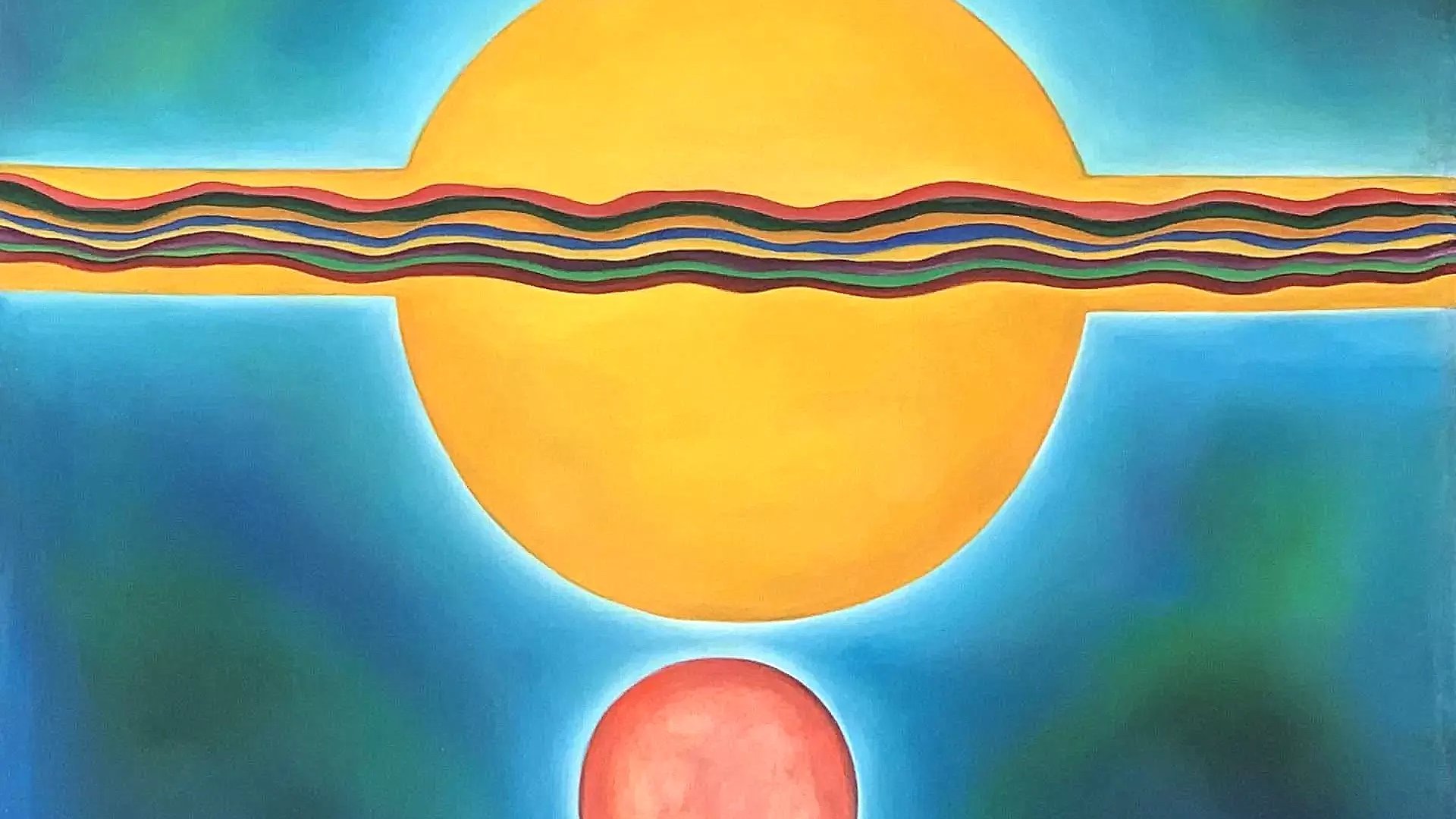 L'image représente un paysage abstrait avec un grand soleil jaune au centre, entouré de lignes ondulées colorées qui semblent s'étendre horizontalement. En dessous, un cercle rouge représente une planète ou un astre. L'arrière-plan est un dégradé de bleu et de vert, ajoutant une atmosphère vibrante et dynamique à l'œuvre. Les formes et les couleurs créent un contraste visuel fort, donnant une impression de mouvement et d'harmonie.