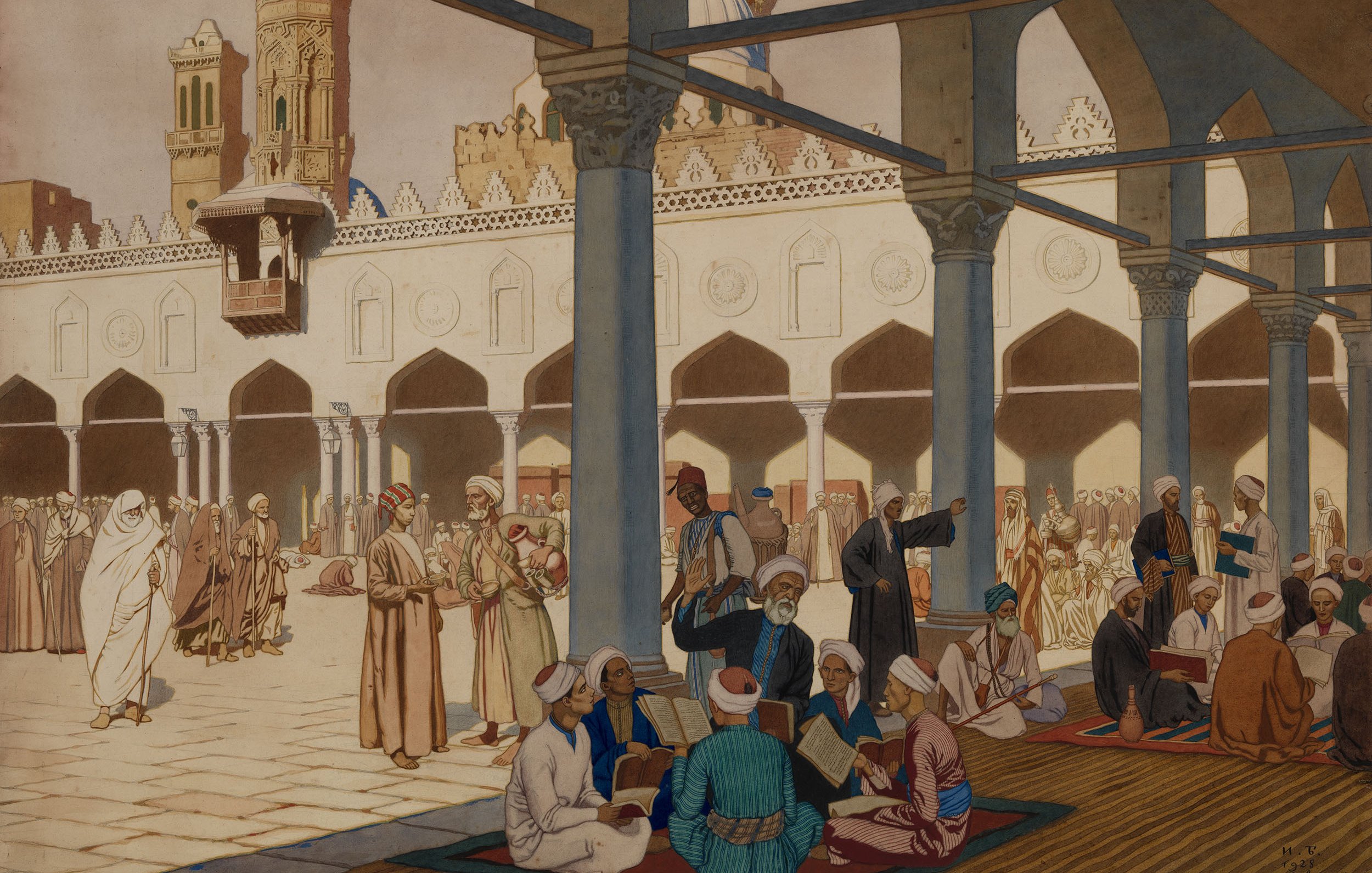 L'image représente une scène animée dans une cour, probablement d'une mosquée ou d'un lieu de culte. On peut voir des groupes de personnes assises sur des tapis, lisant des livres ou discutant, tandis que d'autres se déplacent dans l'espace. L'architecture environnante est ornée, avec des arches, des colonnes et des motifs décoratifs. Des vêtements traditionnels sont portés par les personnages, reflétant une allure culturelle riche. L'ensemble dégage une atmosphère de sérénité et de communauté.