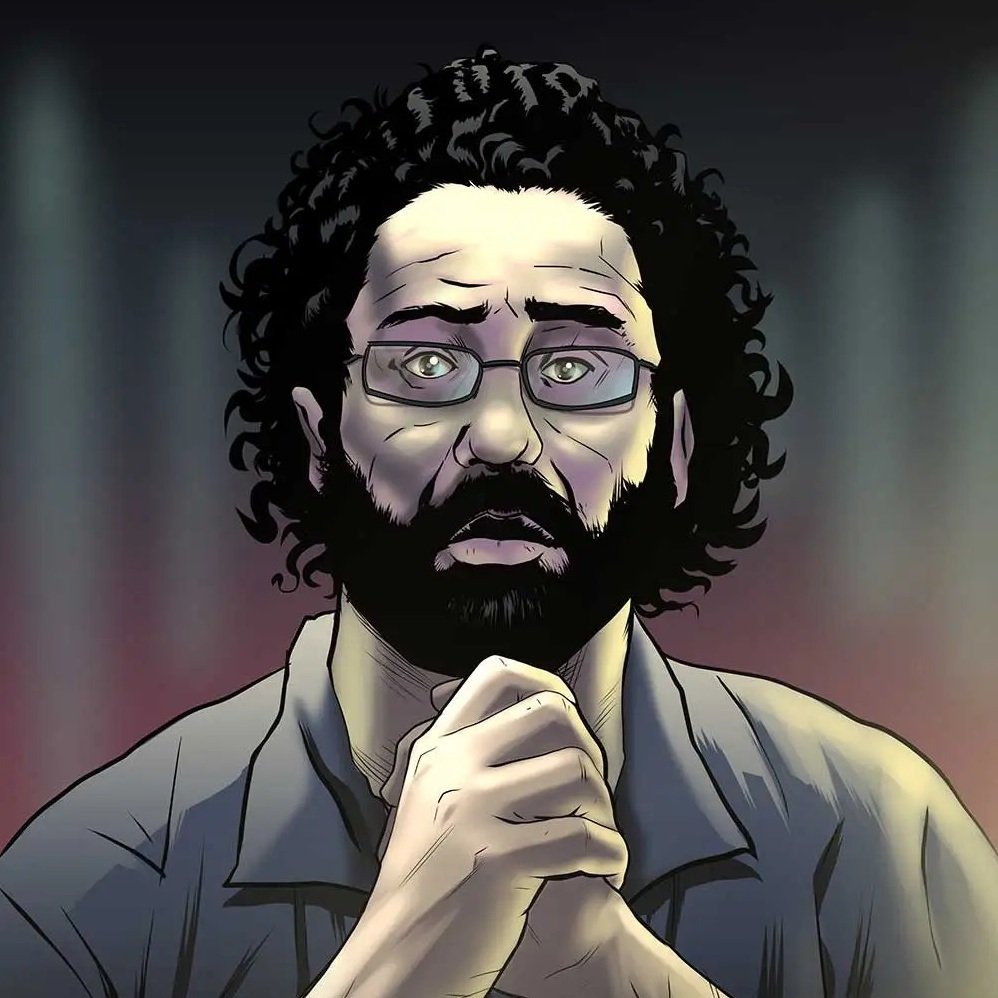 L'immagine rappresenta un uomo con capelli ricci e neri, una barba folta e occhiali. Il suo volto mostra un'espressione di preoccupazione o tensione, con le mani giunte davanti al petto in un gesto di supplica o meditazione. Lo sfondo è sfocato, con luci che creano un'atmosfera drammatica. L'illustrazione ha uno stile che ricorda quello dei fumetti.