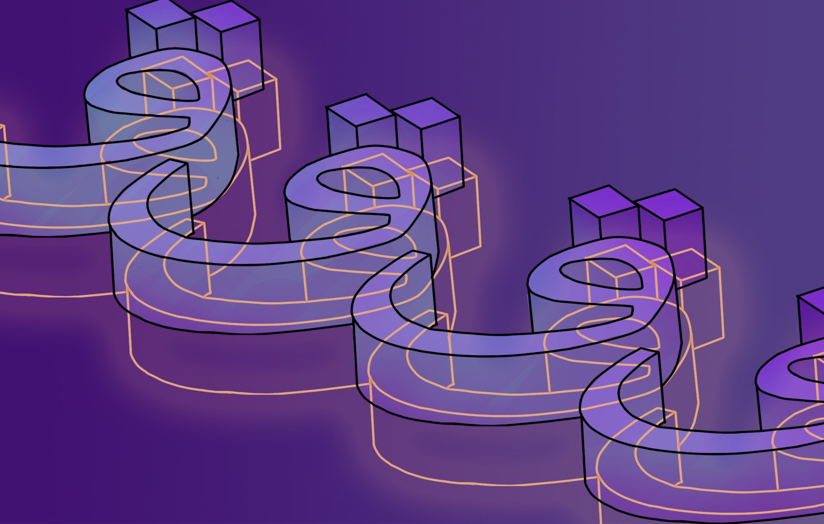 الصورة تظهر تصميمًا هندسيًا يتكون من أشكال متداخلة ورموز ثلاثية الأبعاد. الأشكال تبدو وكأنها تتكرر بشكل متسلسل، مع استخدام تدرجات اللون الأرجواني والرمادي لتضفي عمقًا بصريًا. الخطوط الخارجية للأشكال تم تحديدها بلون زاهي، مما يبرز الأشكال ويضيف لمسة عصرية للتصميم. تعطي الصورة انطباعًا بالتقنية أو الابتكار، مما يجعلها تبدو مميزة وفريدة من نوعها.